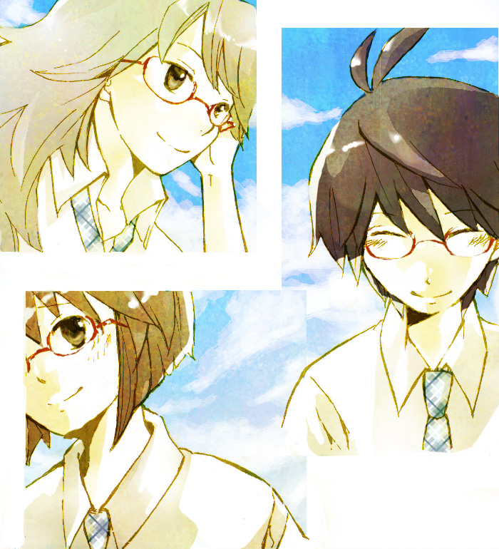 tutateki, hagiwara yukiho, hoshii miki, kikuchi makoto, idolmaster, idolmaster (classic), idolmaster 1, bad id, bad pixiv id, 00s, antenna hair, glasses