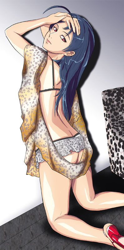 dam-p, miura azusa, idolmaster, idolmaster (classic), idolmaster 1, 00s, 1girl, animal print, ass, female focus, high heels, leopard print, lingerie, shoes, solo, underwear