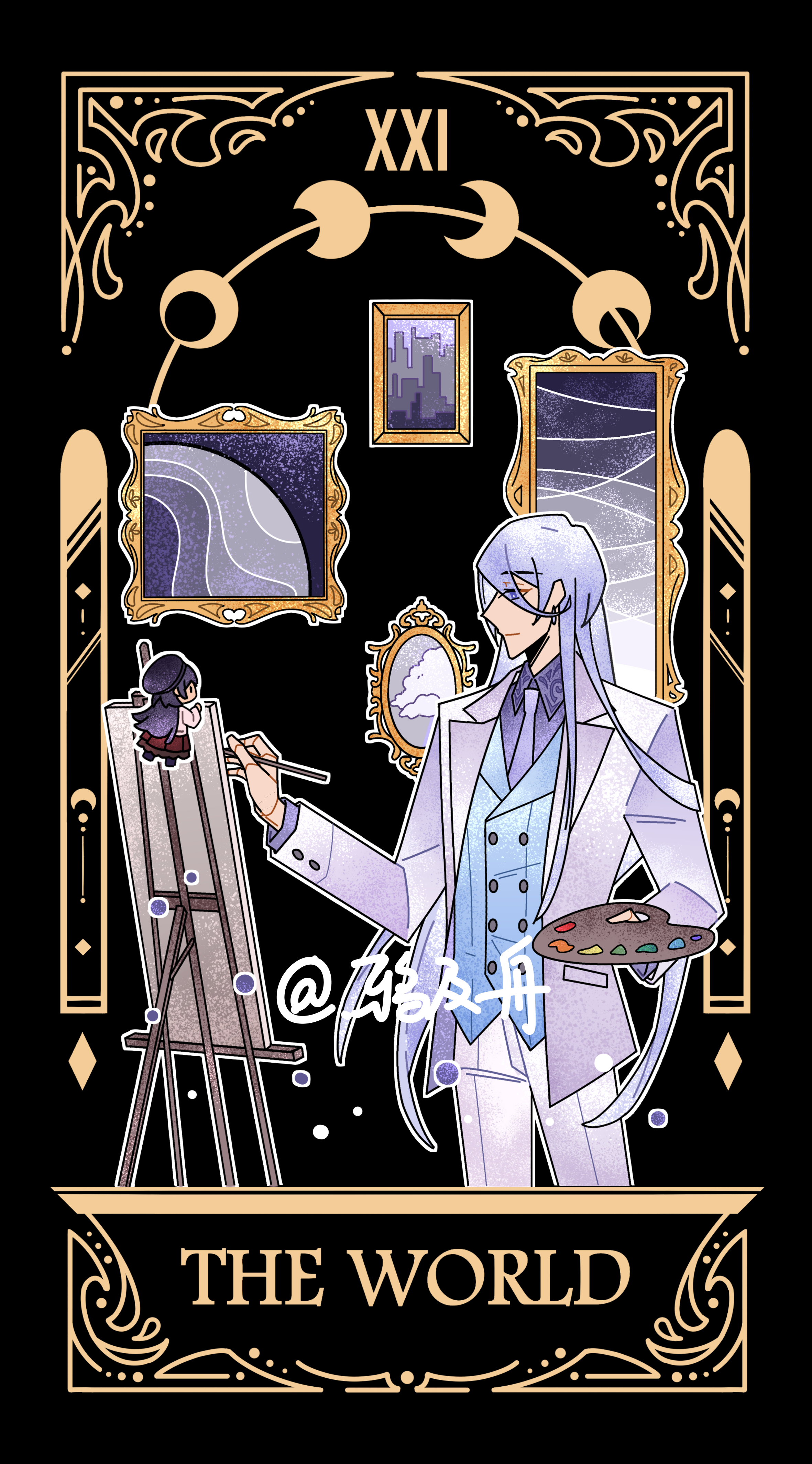 cael anselm, heroine (lovebrush chronicles), lovebrush chronicles, absurdres, highres, 1boy, black background, blue vest, canvas (object), card (medium), character doll, closed mouth, cowboy shot, doll, earrings, easel, english text, floating, floating object, formal clothes, hair between eyes, holding, holding paint palette, holding paintbrush, jacket, jewelry, lapels, light smile, long bangs, long hair, long hair between eyes, long sleeves, looking at object, male focus, moon phases, necktie, notched lapels, open clothes, open jacket, outline, paint palette, paintbrush, painting (action), painting (object), pants, picture frame, profile, purple eyes, purple necktie, purple shirt, roman numeral, shirt, simple background, solo, standing, suit, suit jacket, tarot, tarot (medium), the world (tarot), very long hair, vest, white hair, white jacket, white outline, white pants, white suit, ya ji zhou