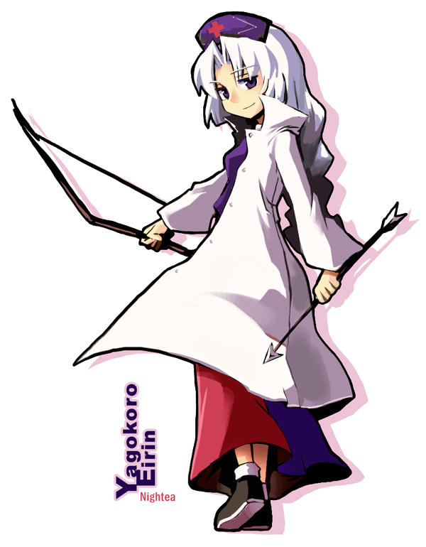 nightea, yagokoro eirin, touhou, silver hair, 1girl, arrow (projectile), blue eyes, bow, bow (weapon), character name, female focus, full body, hat, long hair, simple background, solo, standing, weapon, white background