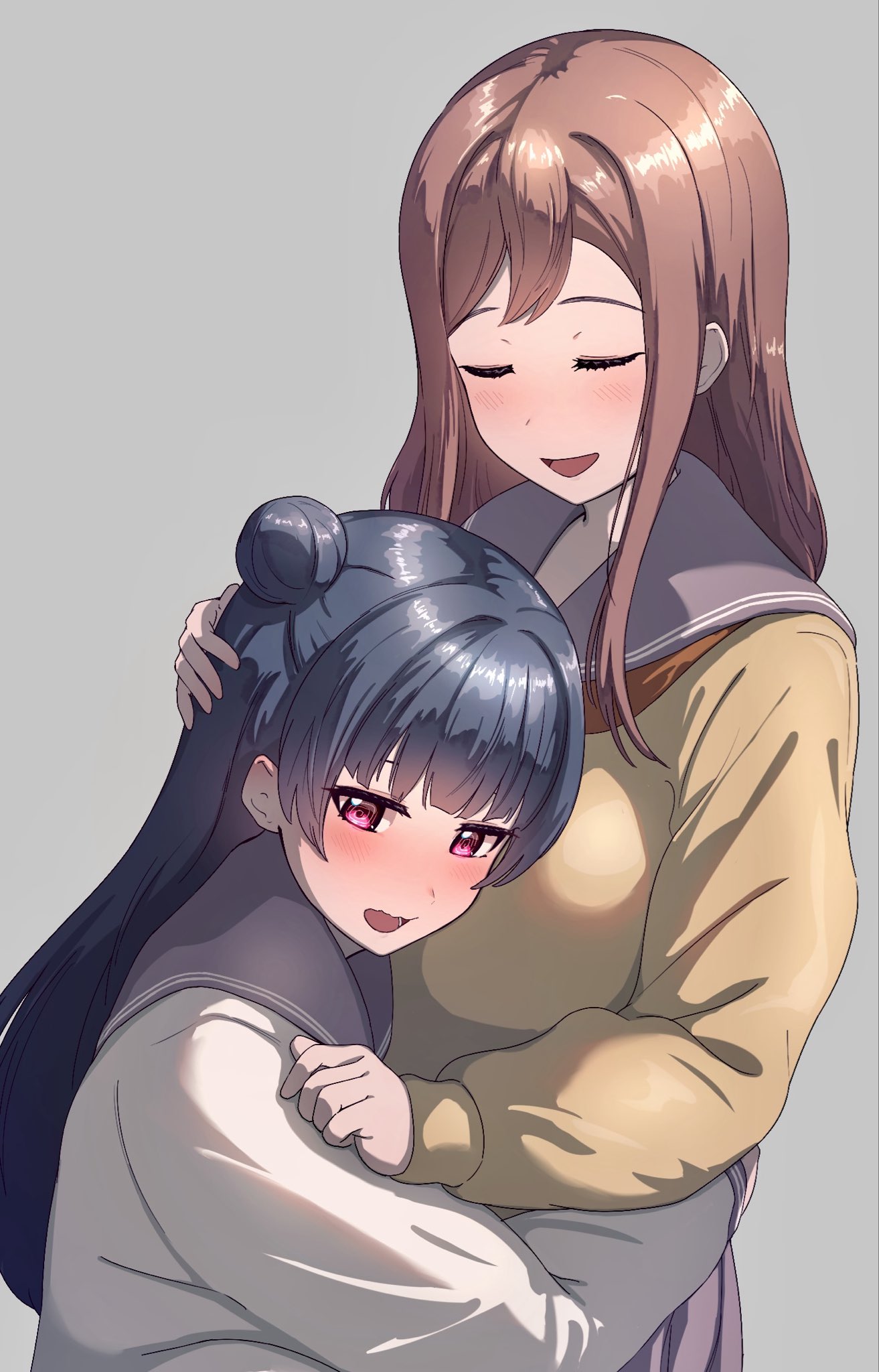 mortdecai, kunikida hanamaru, tsushima yoshiko, love live!, love live! sunshine!!, highres, 2girls, :d, blue hair, blush, brown hair, closed eyes, closed mouth, grey background, grey sailor collar, hair bun, headpat, hug, long hair, long sleeves, multiple girls, nose blush, open mouth, purple eyes, sailor collar, school uniform, serafuku, shirt, single side bun, smile, sweater, uranohoshi school uniform, wavy mouth, white shirt, winter uniform, yellow sweater, yuri