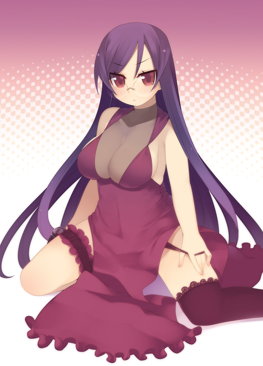 kashiwamochi yomogi, tieria erde, gundam, gundam 00, bad id, bad pixiv id, highres, 00s, 1boy, 1girl, asymmetrical clothes, breasts, cleavage, crossdressing, crossdressing (ftm), crossdressing (mtf), dress, female focus, frilled thigh strap, genderswap, genderswap (mtf), glasses, kneeling, large breasts, long hair, looking at viewer, panties, panty pull, purple hair, red eyes, single thighhigh, solo, thigh strap, thighhighs, underwear