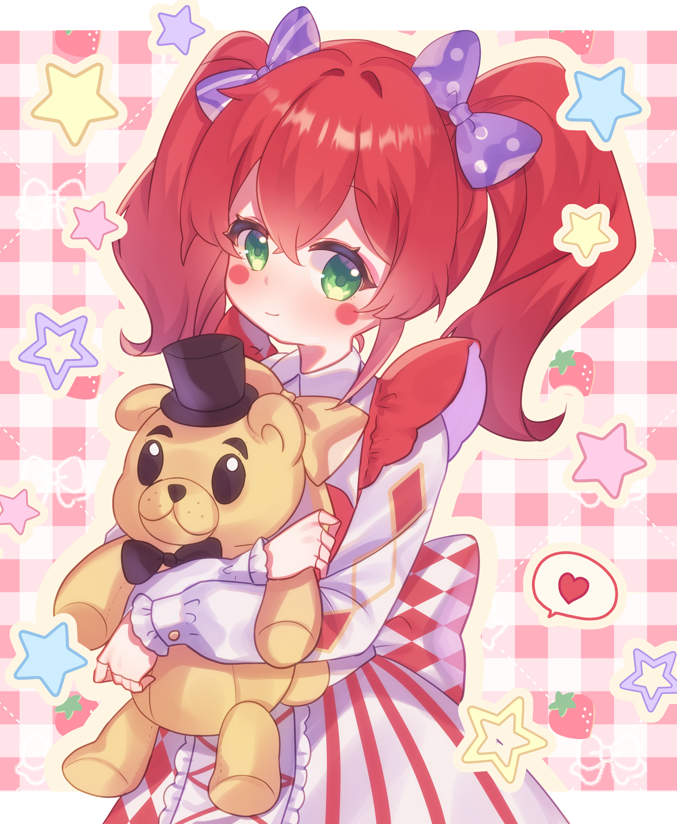 circus baby (fnaf), five nights at freddy's, five nights at freddy's: sister location, absurdres, highres, non-web source, self-upload, bow, bowtie, character doll, doll, doll joints, dress, food, fruit, green eyes, hair bow, holding, joints, light smile, nakamiraa, pink background, red dress, red hair, shirt, short twintails, star (symbol), strawberry, stuffed toy, twintails, white shirt