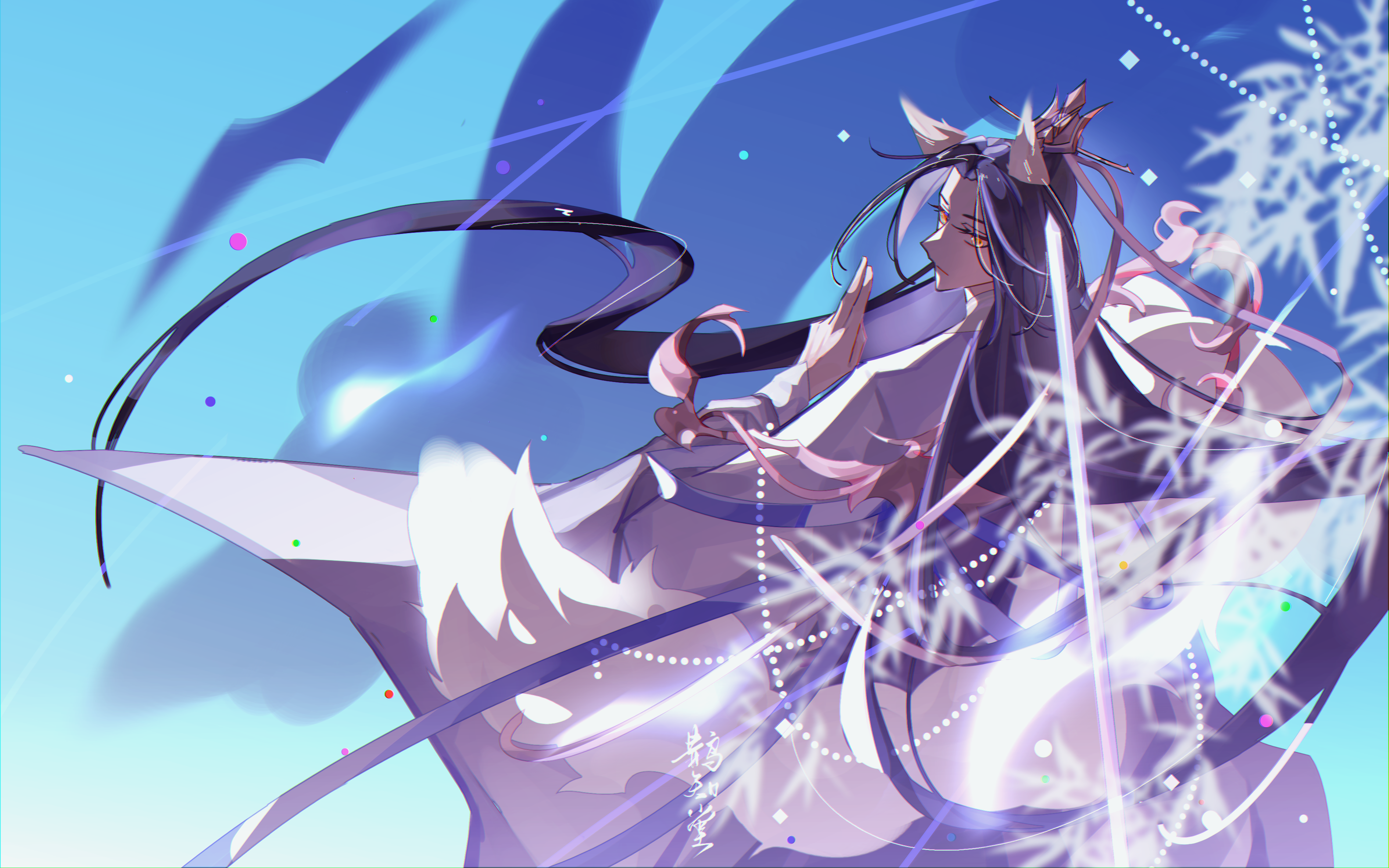 hua yi shanxin zhiyue, absurdres, chinese commentary, highres, 1boy, black hair, blue background, blue ribbon, blurry, blurry foreground, branch, chinese clothes, closed mouth, cowboy shot, curtained hair, dragon, eastern dragon, expressionless, from behind, hanfu, kuji-in, long hair, long sleeves, looking at viewer, looking back, male focus, parted bangs, ribbon, ribboned xiao guan, robe, solo, standing, very long hair, white hanfu, white robe, wide sleeves, xiao guan (headdress), xuan wangjun, ya ji zhou, yellow eyes