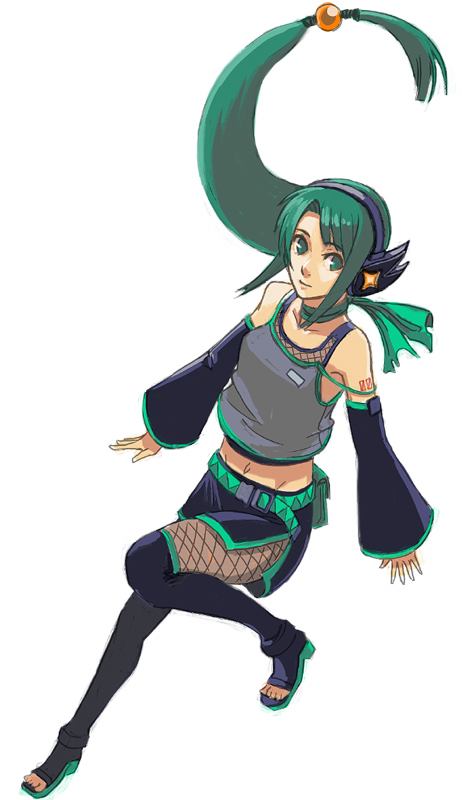 utu (ldnsft), hatsune miku, vocaloid, bare shoulders, detached sleeves, fishnets, green eyes, green hair, headphones, legs, long hair, midriff, solo, strap slip, toes, wide sleeves