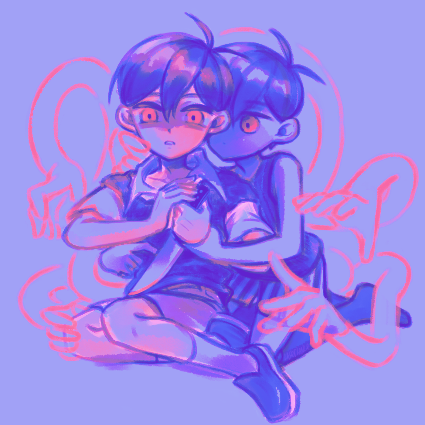 laser-lance, omori (omori), sunny (omori), omori, highres, 2boys, alternate eye color, black eyes, black hair, black shoes, black socks, black sweater vest, black tank top, brown shorts, closed mouth, collarbone, collared shirt, colored skin, double-parted bangs, grey background, hair between eyes, holding, holding knife, kneehighs, knife, looking at another, male focus, multiple boys, parted lips, red eyes, shirt, shoes, short hair, short sleeves, shorts, simple background, sitting, socks, striped clothes, striped shorts, sweater vest, tank top, vertical-striped clothes, vertical-striped shorts, white shirt, white shorts, white skin, white socks