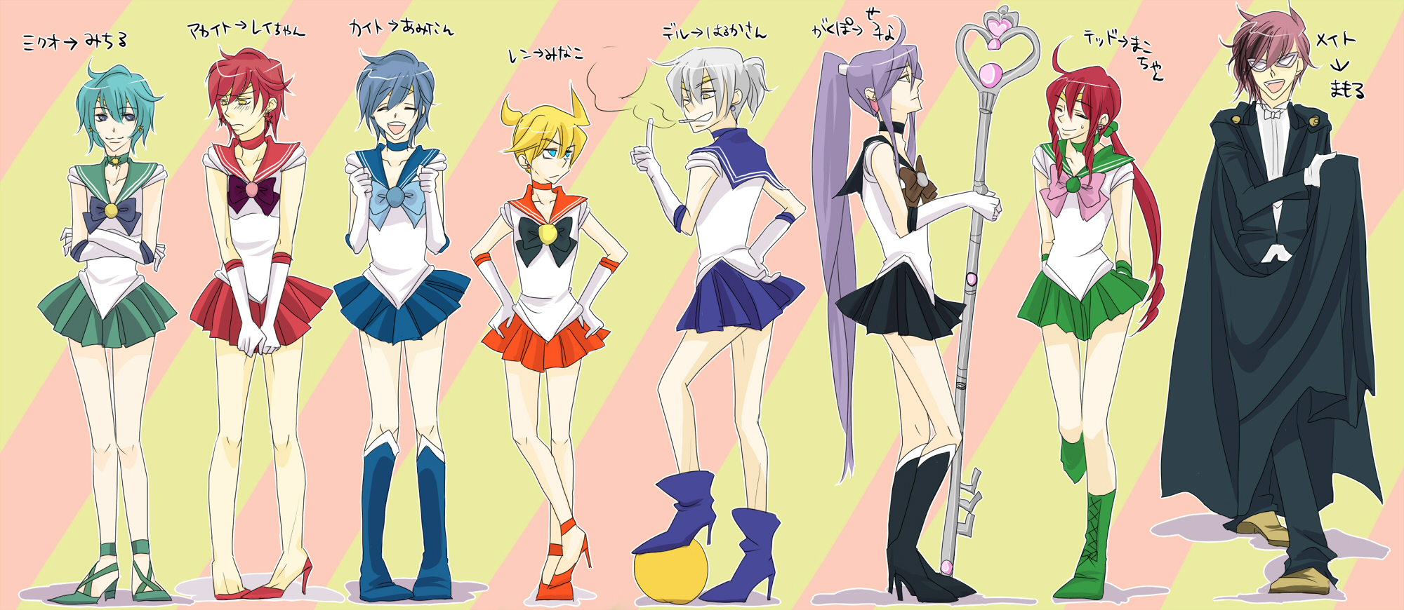 akaito, chiba mamoru, hatsune mikuo, honne dell, kagamine len, kaito (vocaloid), kamui gakupo, kasane ted, meito (vocaloid), sailor jupiter, sailor mars, sailor mercury, sailor neptune, sailor pluto, sailor uranus, sailor venus, ten'ou haruka, tuxedo kamen, bishoujo senshi sailor moon, vocaloid, black neckwear, blue footwear, green footwear, highres, 6+boys, blue bow, blue sailor collar, blue skirt, boots, bow, chiba mamoru (cosplay), cigarette, cosplay, crossdressing, crossdressing (mtf), gackpoid, garnet rod, genderswap, genderswap (ftm), green skirt, kaiou michiru (cosplay), kino makoto (cosplay), knee boots, magical girl, meiou setsuna (cosplay), mizuno ami (cosplay), multiple boys, orange skirt, pink bow, purple bow, red skirt, sailor collar, sailor jupiter (cosplay), sailor mars (cosplay), sailor mercury (cosplay), sailor neptune (cosplay), sailor pluto (cosplay), sailor senshi, sailor uranus (cosplay), sailor venus (cosplay), skirt, smoking, ten'ou haruka (cosplay), trap, tuxedo, tuxedo kamen (cosplay), weapon