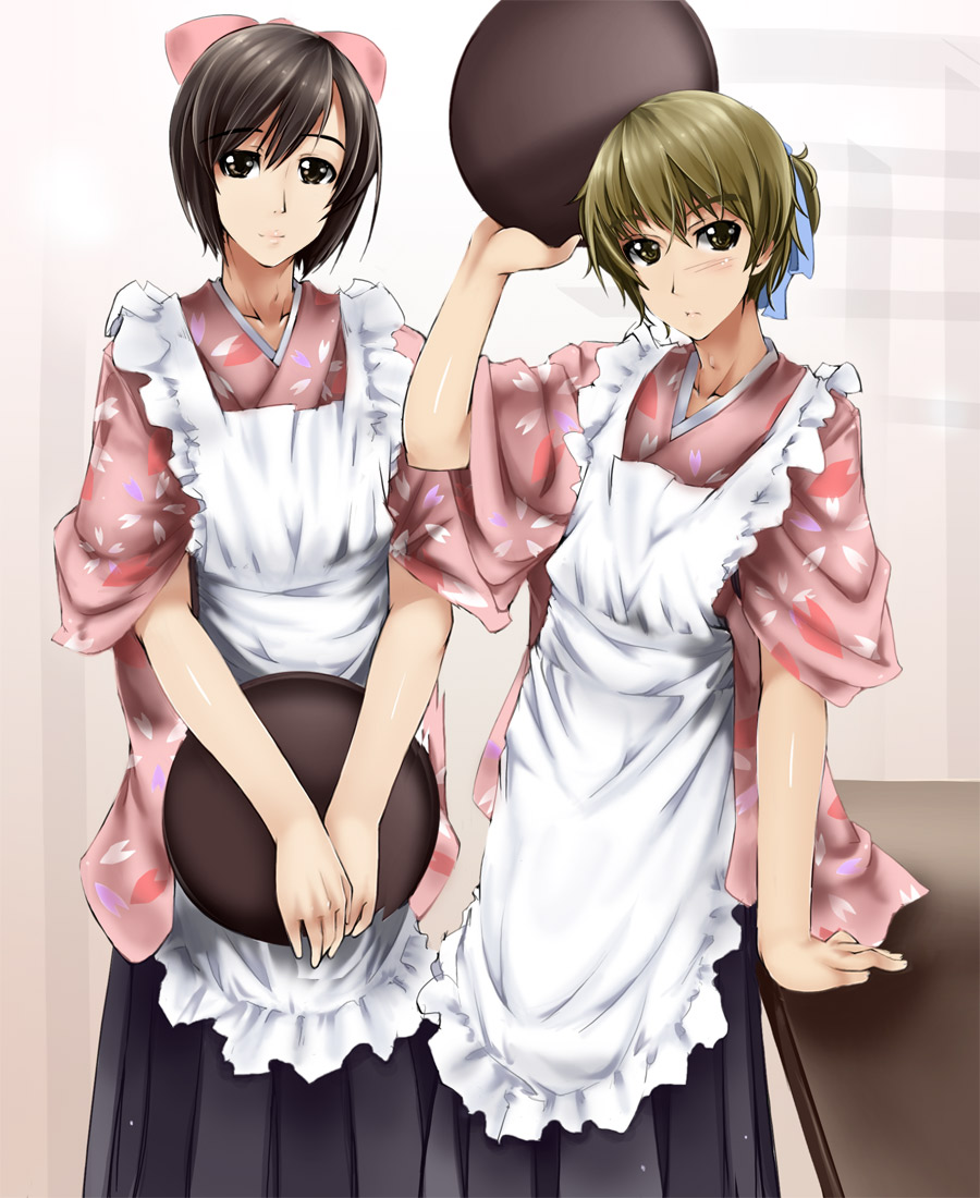 abubu, 2boys, apron, blush, brown eyes, brown hair, crossdressing, crossdressing (mtf), hair ribbon, male focus, multiple boys, ribbon, short hair, trap, waitress
