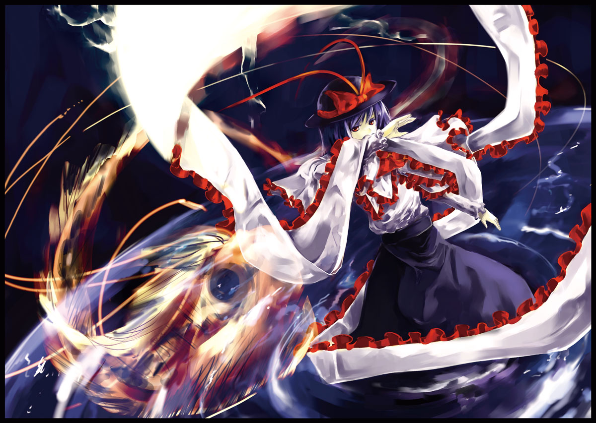 tomasu, tsurukame, nagae iku, touhou, 1girl, blue hair, female focus, hat, red eyes, ribbon, short hair, solo