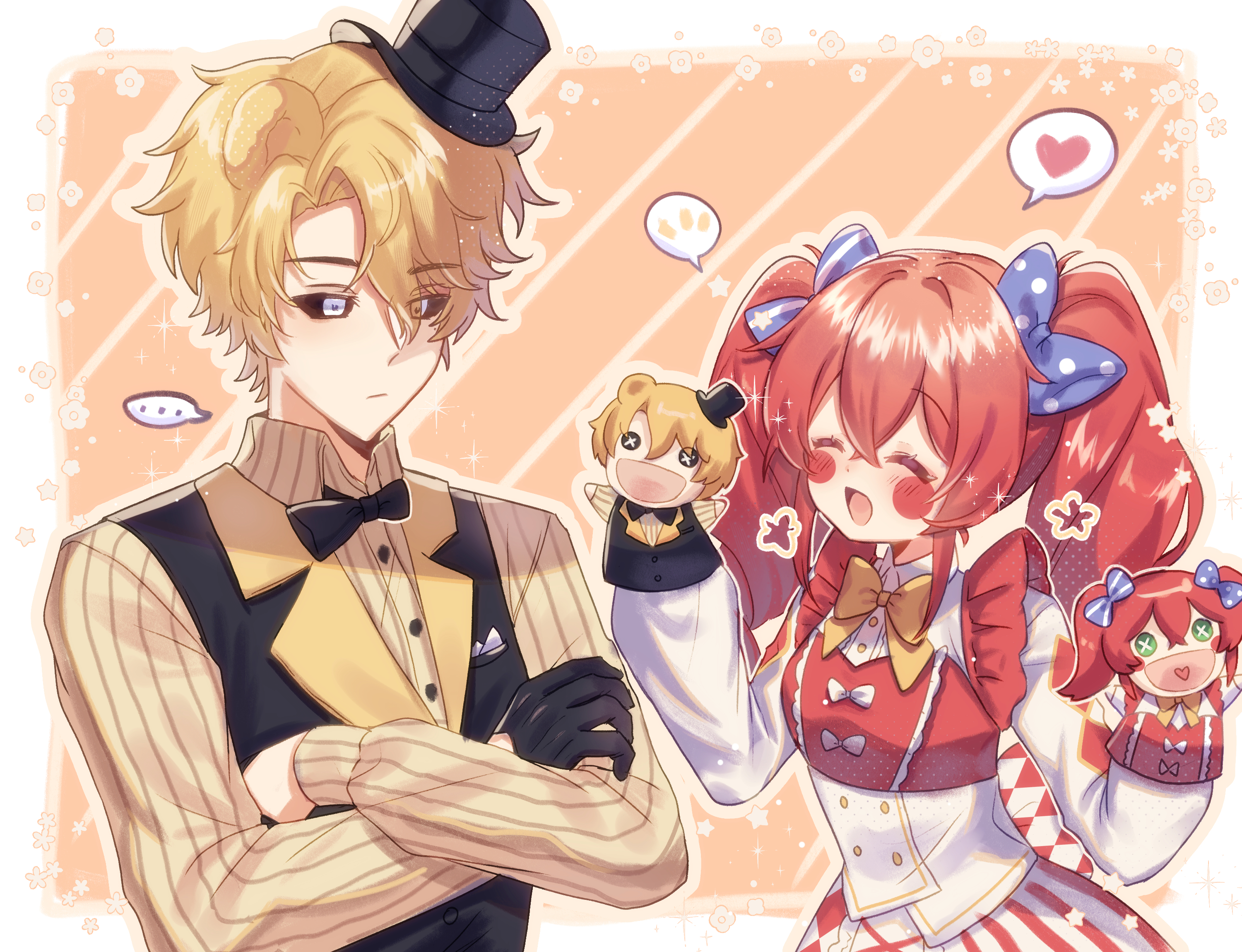 circus baby (fnaf), golden freddy, five nights at freddy's, highres, self-upload, black gloves, black sclera, blonde hair, blush, bow, bowtie, colored sclera, couple, dress, gloves, hair bow, nakamiraa, puppet, red dress, red hair, shirt, short twintails, smile, twintails, vest, white eyes, yellow shirt