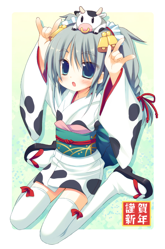 meito (maze), original, silver hair, 1girl, animal print, bell, blue eyes, braid, cow, cow print, female focus, full body, japanese clothes, kimono, long hair, new year, short kimono, sitting, solo, thighhighs, wariza