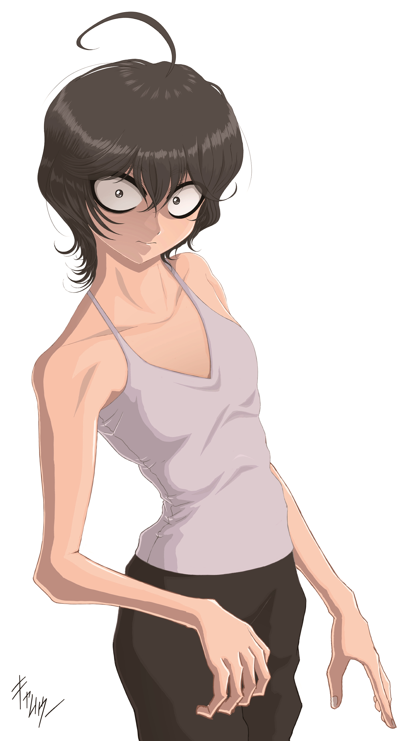 kyamuu, fuyumura shiori, sanda (itagaki paru), small pupils, absurdres, commentary request, highres, 1girl, ahoge, androgynous, bare arms, bare shoulders, black eyes, black hair, black pants, closed mouth, flat chest, hair between eyes, looking at viewer, pants, sanpaku, short hair, signature, simple background, solo, tank top, white background