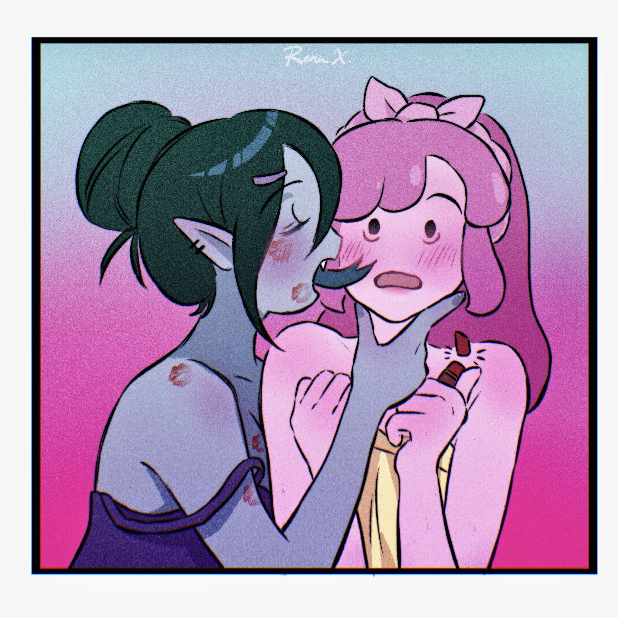 marceline abadeer, princess bonnibel bubblegum, adventure time, highres, 2girls, black hair, blue background, blush, camisole, closed eyes, cosmetics, fang, film grain, gradient hair, hair bun, hand on another's face, holding, holding lipstick tube, licking, licking another's face, lipstick mark, lipstick mark on arm, lipstick mark on face, lipstick tube, multicolored hair, multiple girls, open mouth, pink background, pink hair, purple camisole, renax kyo, strap slip, upper body, yuri