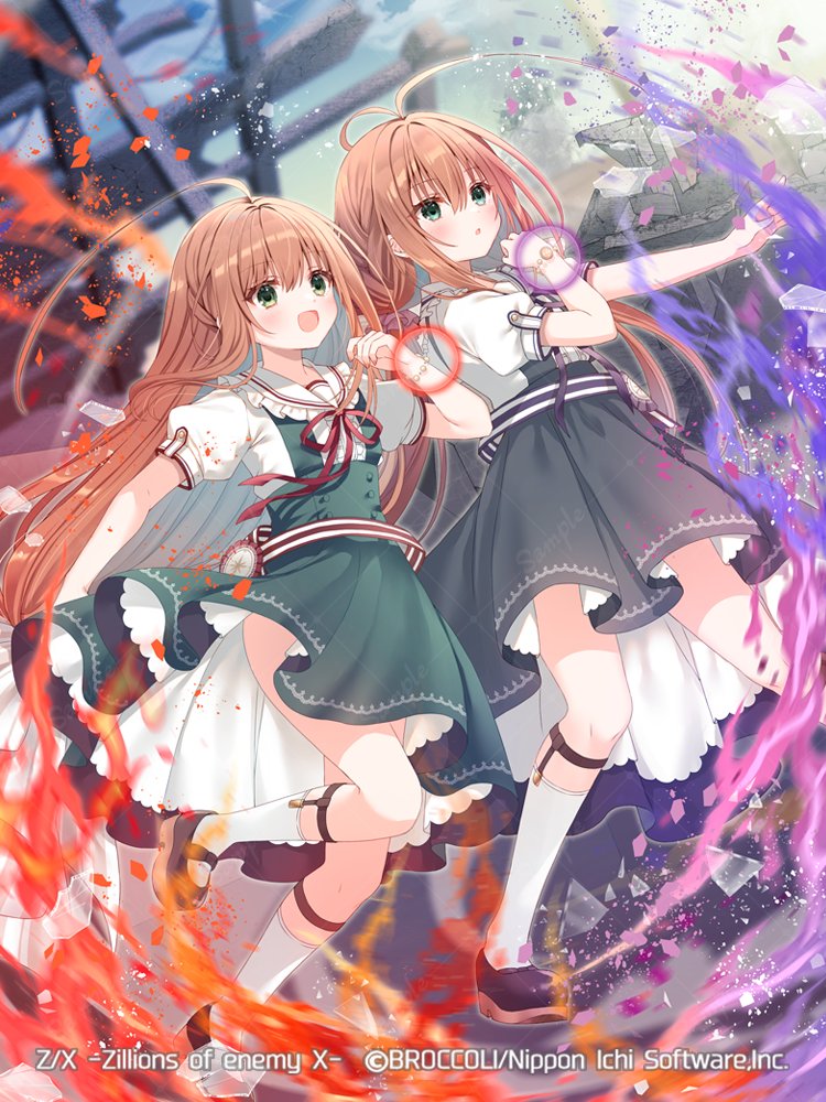 serino itsuki, z/x, official art, 2girls, ahoge, antenna hair, black shoes, bracelet, brown hair, copyright notice, dress, fire, green eyes, jewelry, kurashiki sera, kurosaki kasuga, long hair, low twintails, multiple girls, open mouth, outdoors, shoes, socks, twintails, very long hair, white socks