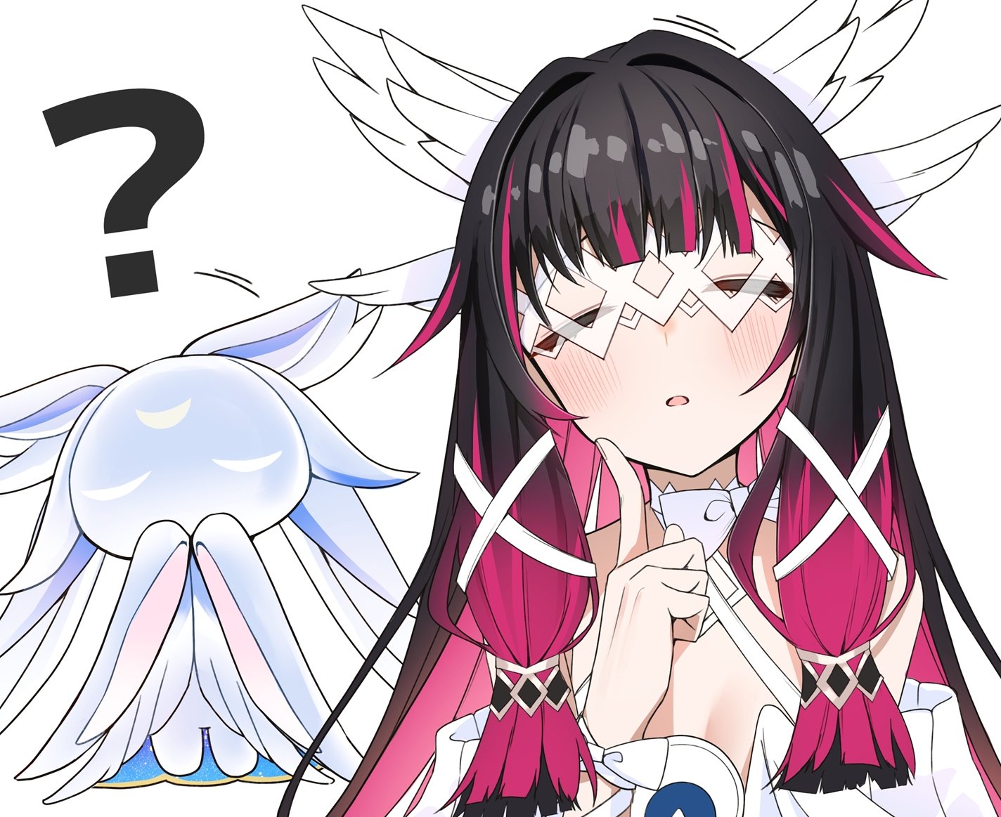nidaime (doronbo), columbina (genshin impact), genshin impact, commentary, symbol-only commentary, 1girl, ?, bare shoulders, black hair, blush, closed eyes, hair ornament, hand up, long hair, luonnotar (genshin impact), multicolored hair, off shoulder, parted lips, purple hair, simple background, solo, upper body, very long hair, white background, wing hair ornament