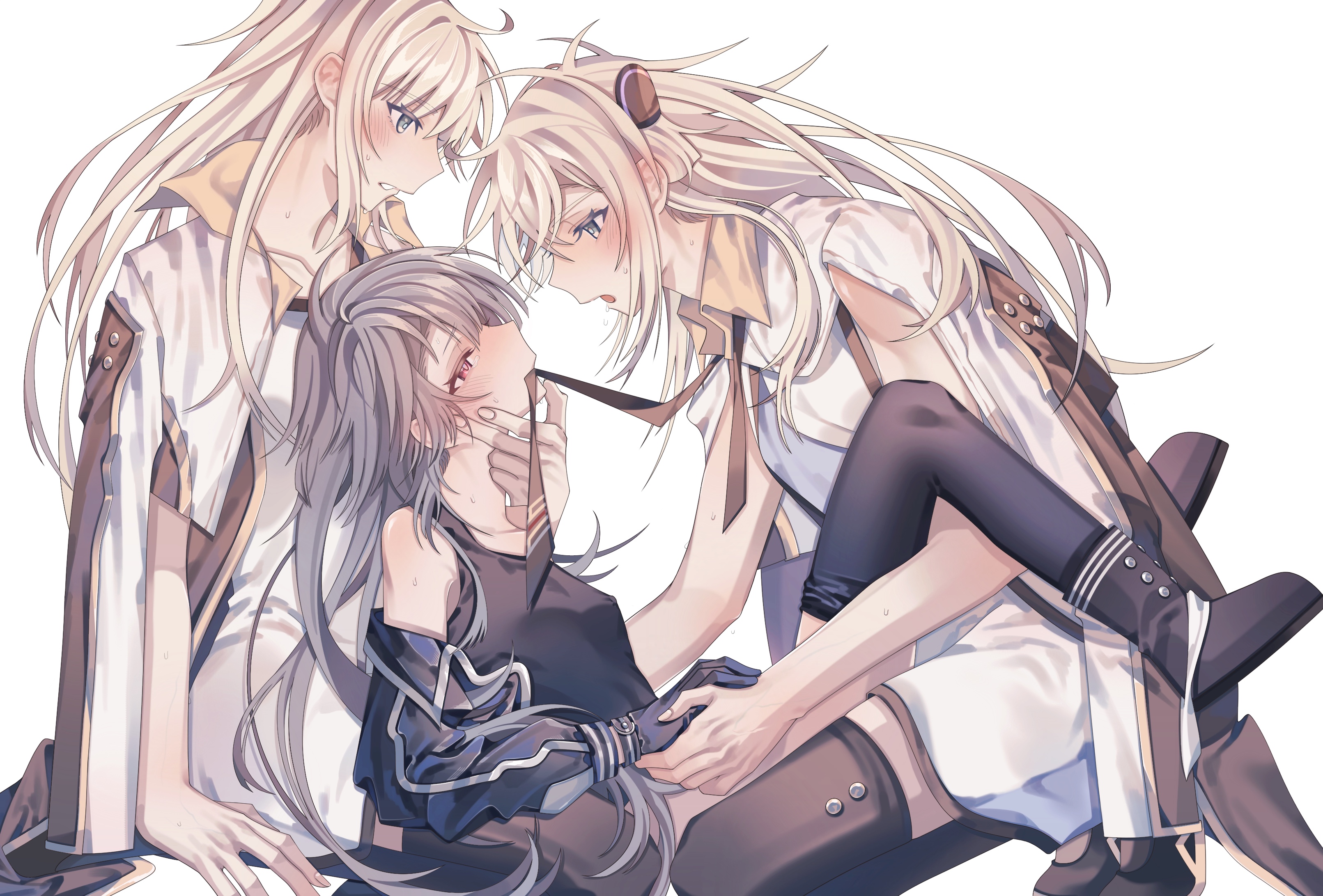 emptyayya, sky striker ace – raye, sky striker ace – roze, yu-gi-oh!, absurdres, commentary request, highres, 3girls, black necktie, blonde hair, blush, breasts, brown necktie, clone, clone harem, clothed sex, collared dress, dress, duel monster, fff threesome, grey hair, group sex, heterochromia, implied sex, long hair, long sleeves, multiple girls, necktie, red eyes, sweat, threesome, two-tone dress, undressing, yuri