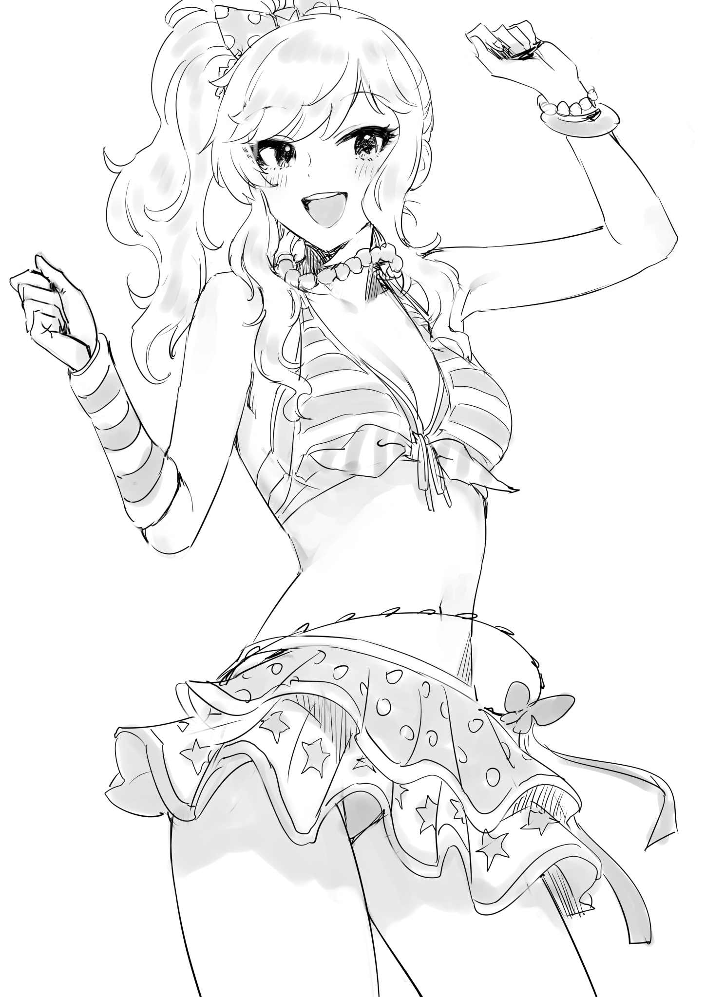 goshiki suzu, ohtsuki yui, idolmaster, idolmaster cinderella girls, highres, 1girl, bare shoulders, blush, bow, bracelet, breasts, contrapposto, detached sleeves, greyscale, hair bow, jewelry, long hair, looking at viewer, medium breasts, monochrome, navel, necklace, panties, ponytail, skirt, smile, solo, swimsuit, underwear, wavy hair