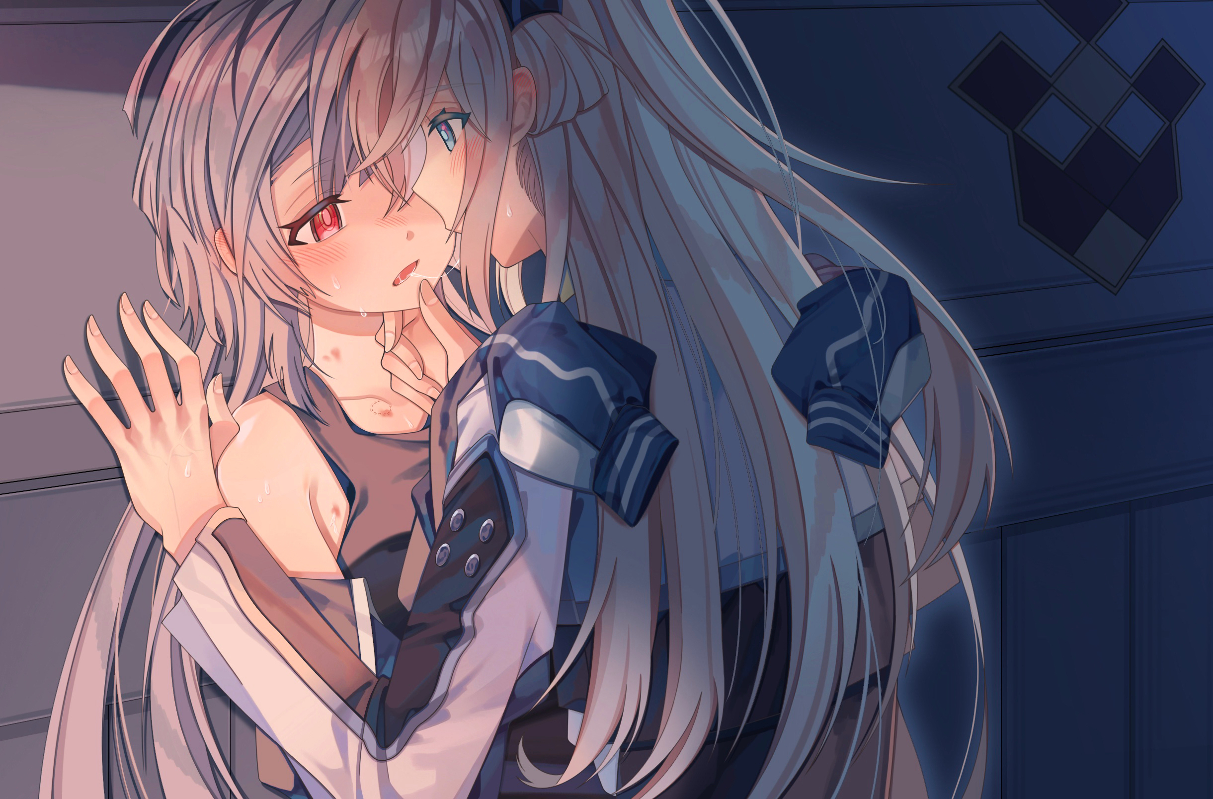 emptyayya, sky striker ace – raye, sky striker ace – roze, yu-gi-oh!, commentary request, highres, 2girls, bite mark, bite mark on neck, black tank top, blonde hair, blue eyes, blush, ear blush, grey hair, hand on another's cheek, hand on another's face, hickey, long hair, multiple girls, parted lips, pink eyes, saliva, saliva trail, sweat, tank top, yuri