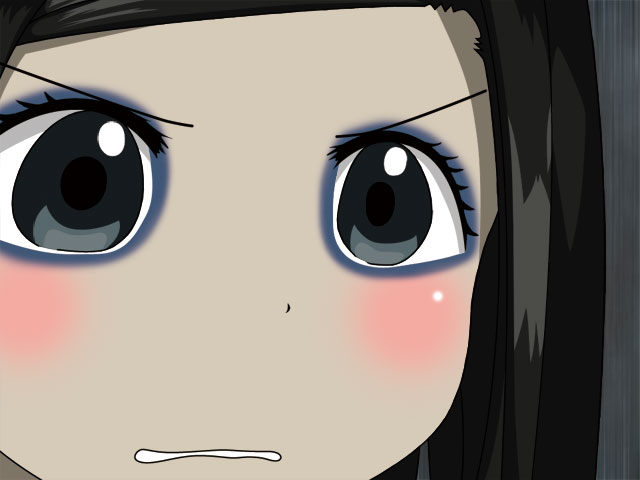 ana coppola, re-l mayer, ergo proxy, ichigo mashimaro, third-party edit, 00s, black eyes, black hair, blush, child, eyeshadow, gununu (meme), makeup, mascara, meme, solo