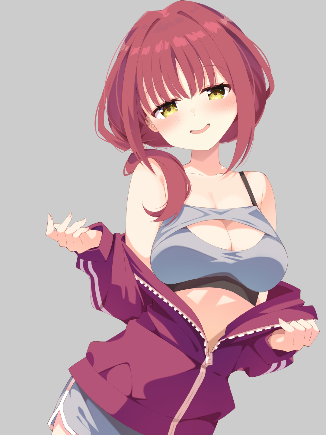 minase kaya, limelight lemonade jam, commentary, highres, 1girl, bare shoulders, blush, breasts, cleavage, collarbone, cowboy shot, dolphin shorts, eyelashes, futamihara ririko, grey background, grey shorts, grey sports bra, hair between eyes, hair intakes, hair over shoulder, jacket, jacket partially removed, large breasts, looking at viewer, low ponytail, medium hair, naughty face, open clothes, open jacket, open mouth, partially unzipped, ponytail, red hair, shorts, simple background, smile, solo, sports bra, track jacket, tsurime, yellow eyes