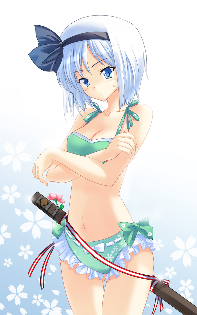 pico (picollector79), konpaku youmu, touhou, bad id, bad pixiv id, highres, 1girl, bikini, blue eyes, blush, crossed arms, female focus, flower, frilled bikini, frills, green bikini, hairband, katana, ribbon, short hair, solo, sweatdrop, swimsuit, sword, weapon, white hair