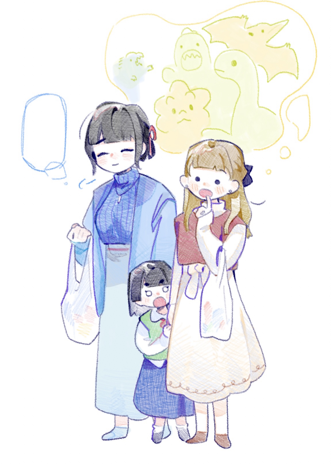 pipi (m1x mix), kachimachi kosuzu, momose ginko, link! like! love live!, love live!, commentary, highres, 3girls, :o, bag, black bow, black hair, blue coat, blue skirt, blue sweater, blunt bangs, bow, brown hair, closed mouth, coat, dress, earrings, elbow carry, family, green sweater, hair bow, holding, holding bag, if they mated, jewelry, layered sleeves, long sleeves, mother and daughter, multiple girls, necklace, open clothes, open coat, open mouth, pendant, plastic bag, red sweater, ribbed sweater, science babies, short-sleeved sweater, short hair, short over long sleeves, short sleeves, sidelocks, skirt, stud earrings, sweater, turtleneck, turtleneck sweater, virtual youtuber, white dress, white skirt, wife and wife