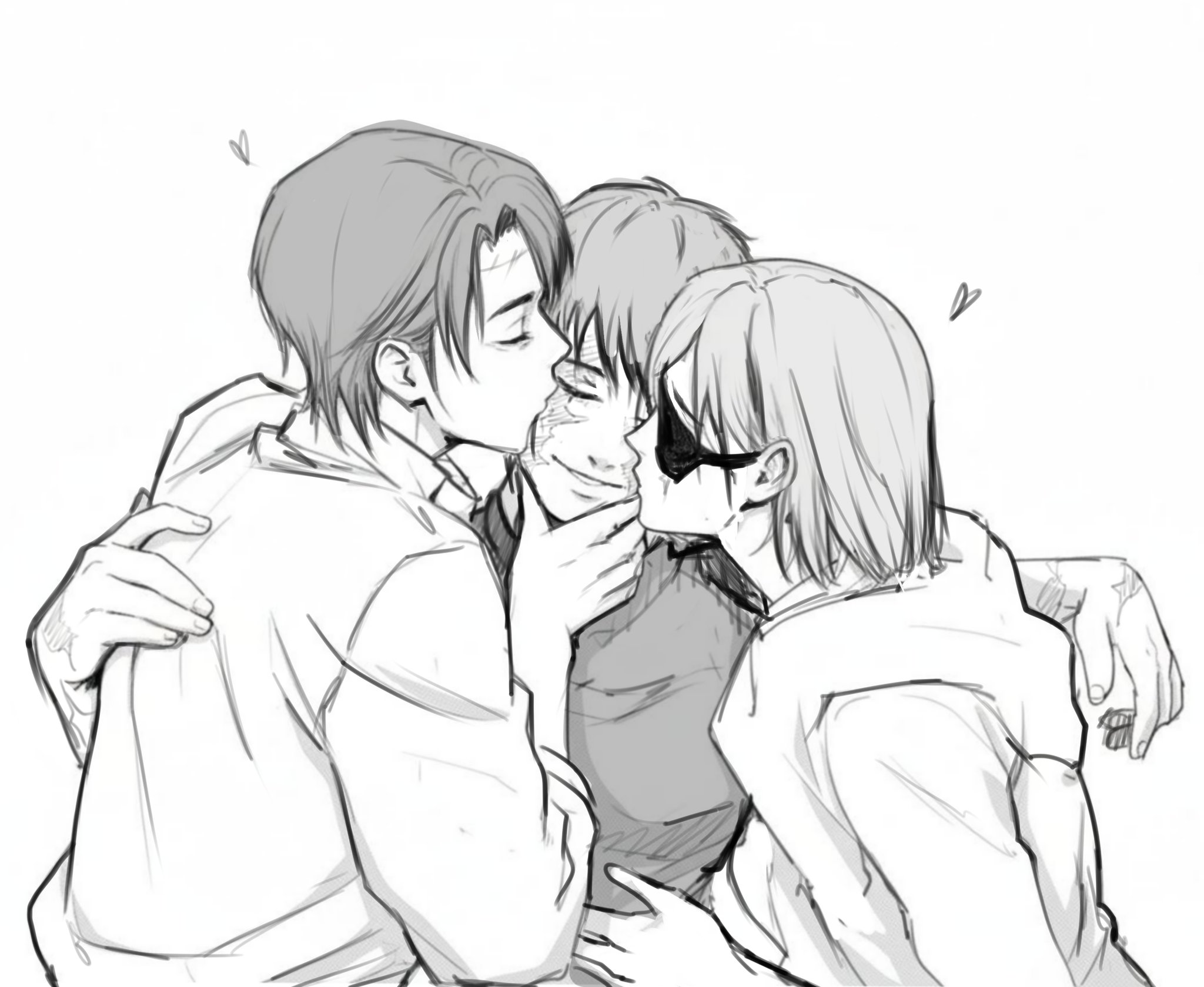 lumen sky, kugisaki nobara, okkotsu yuuta, zen'in maki, jujutsu kaisen, highres, 1boy, 2girls, bisexual female, eyepatch, greyscale, heart, hug, kiss, kissing cheek, monochrome, multiple girls, scar, scar on face, short hair, sketch, smile, stitched forehead, upper body