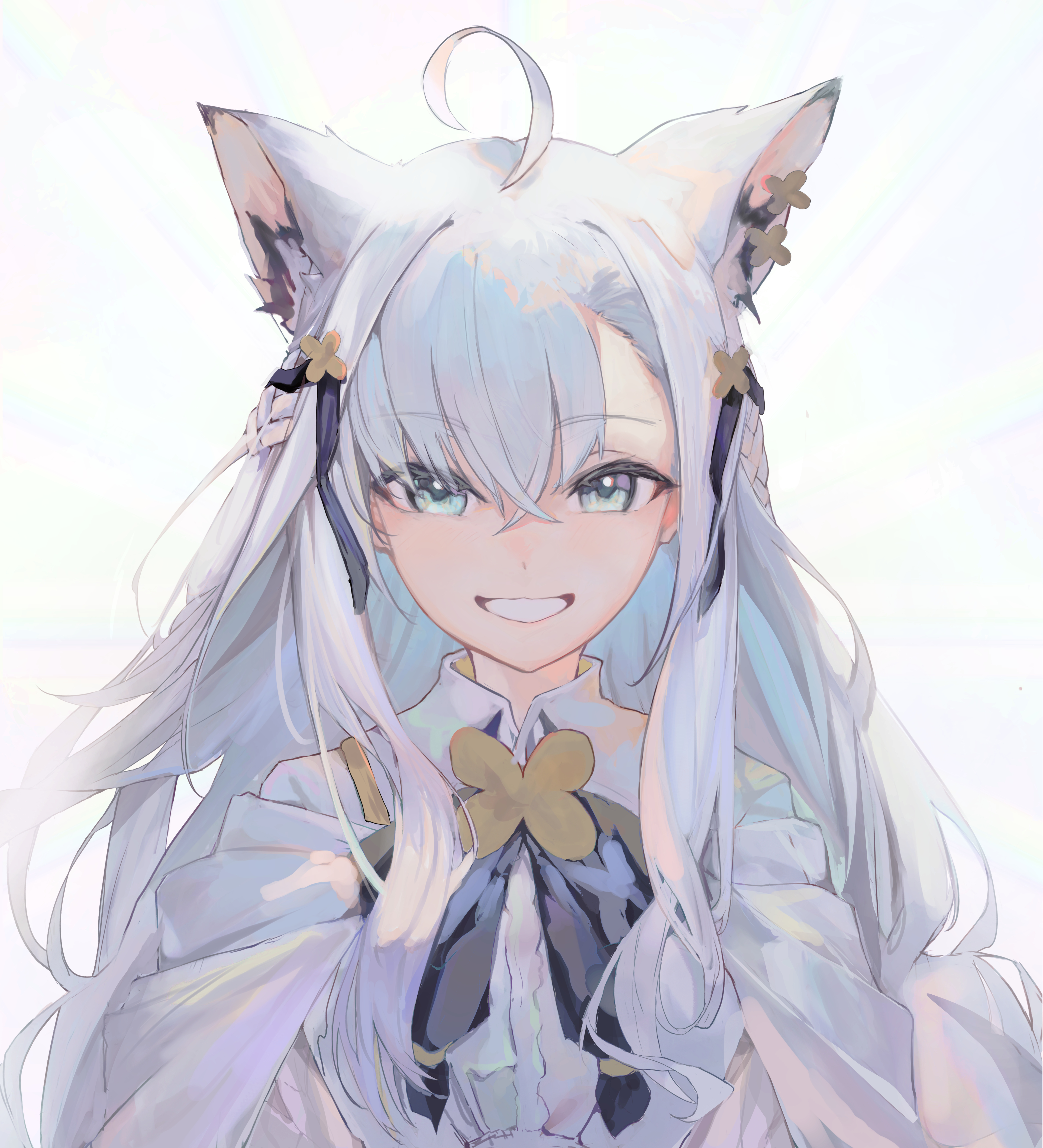 nadenadesuki, shirakami fubuki, hololive, absurdres, commentary, highres, 1girl, ahoge, animal ear fluff, animal ears, crossed bangs, fox ears, fox girl, grey eyes, hair between eyes, long hair, looking at viewer, open mouth, simple background, smile, solo, upper body, virtual youtuber, white background, white hair