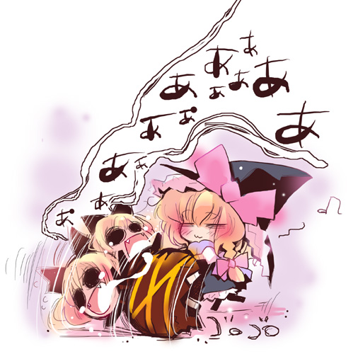 usoneko, kirisame marisa, kurodani yamame, touhou, 2girls, chibi, dress, female focus, gradient background, hat, multiple girls, ribbon, rolling, tears, white background, witch, witch hat