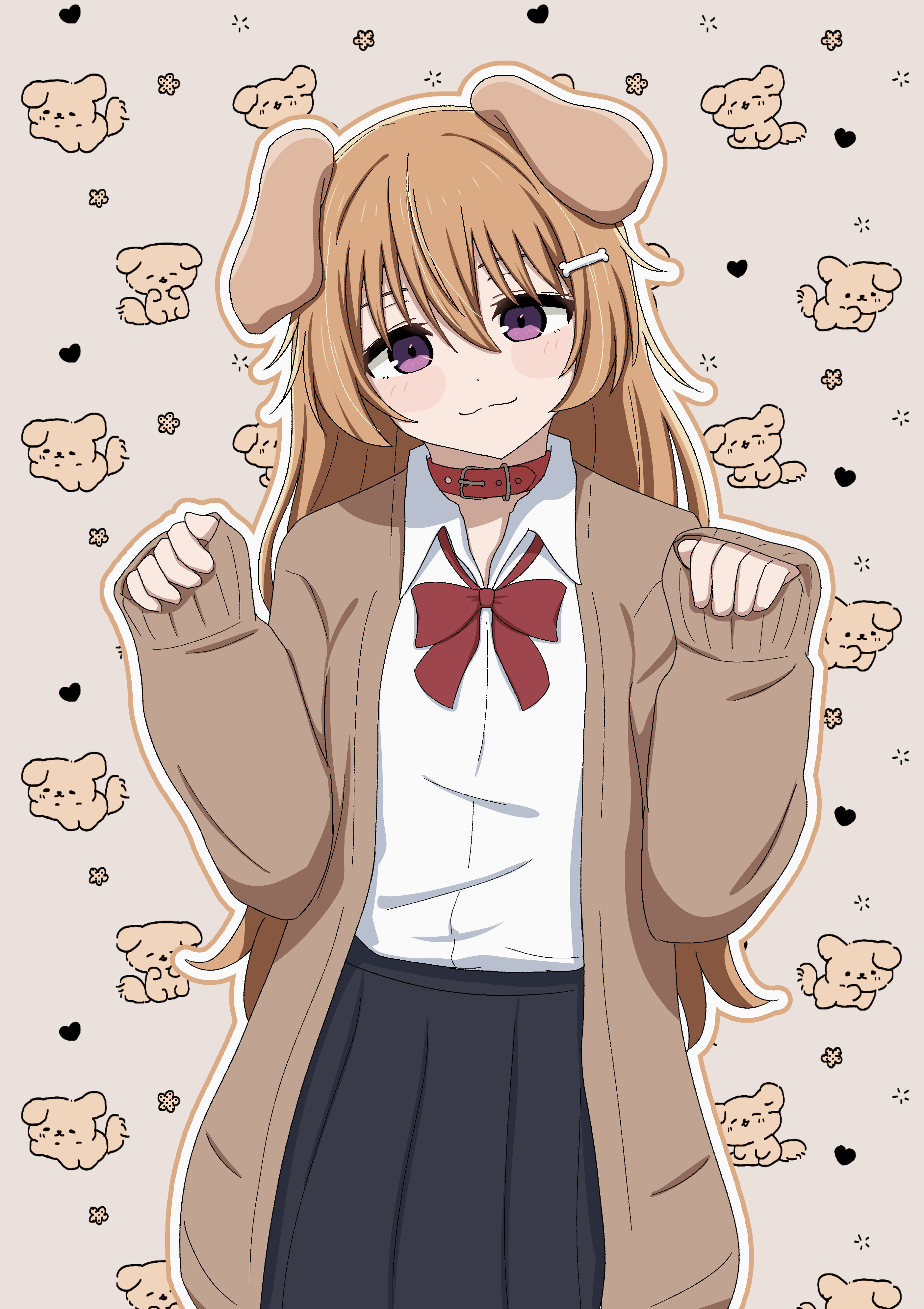 hiiragi (67snkt), konoe kanata, love live!, love live! nijigasaki high school idol club, absurdres, highres, 1girl, :3, animal ears, black skirt, bow, bowtie, brown hair, closed mouth, coat, collar, dog ears, fake animal ears, head tilt, long hair, long sleeves, looking at viewer, open clothes, open coat, paw pose, pleated skirt, purple eyes, red bow, red bowtie, shirt, skirt, solo, white shirt