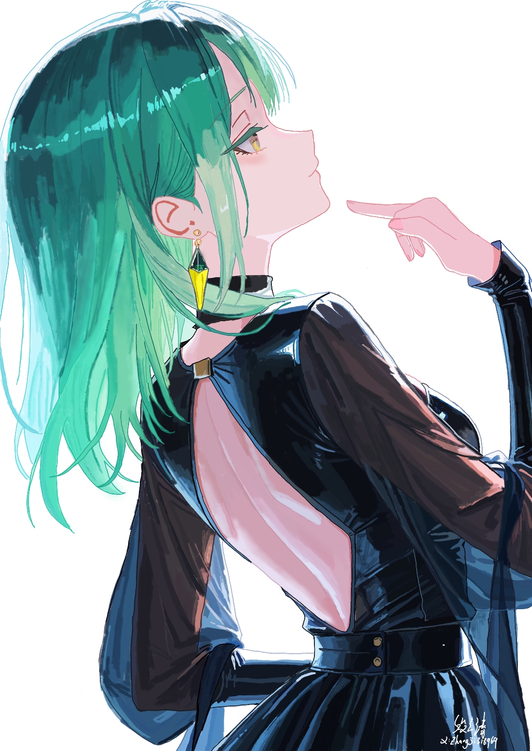wakaba mutsumi, bang dream!, bang dream! it's mygo!!!!!, chinese commentary, commentary request, highres, 1girl, backless dress, backless outfit, breasts, dress, earrings, green hair, jewelry, long hair, long sleeves, medium breasts, shoulder blades, sidelocks, simple background, solo, upper body, white background, yellow eyes, zhangji318969