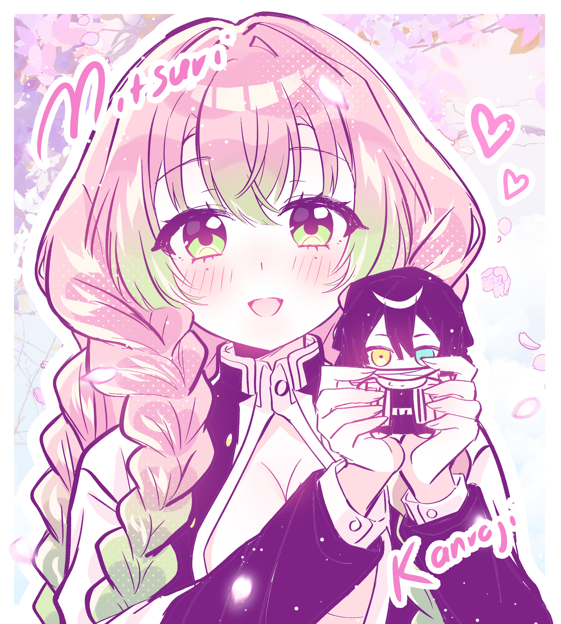 iguro obanai, kanroji mitsuri, kimetsu no yaiba, highres, black shirt, blush, braid, breasts, cherry blossoms, doll, falling petals, green eyes, green hair, haori, japanese clothes, large breasts, mole, nakamiraa, obamitsu, petals, pink background, pink hair, shirt, smile, twintails