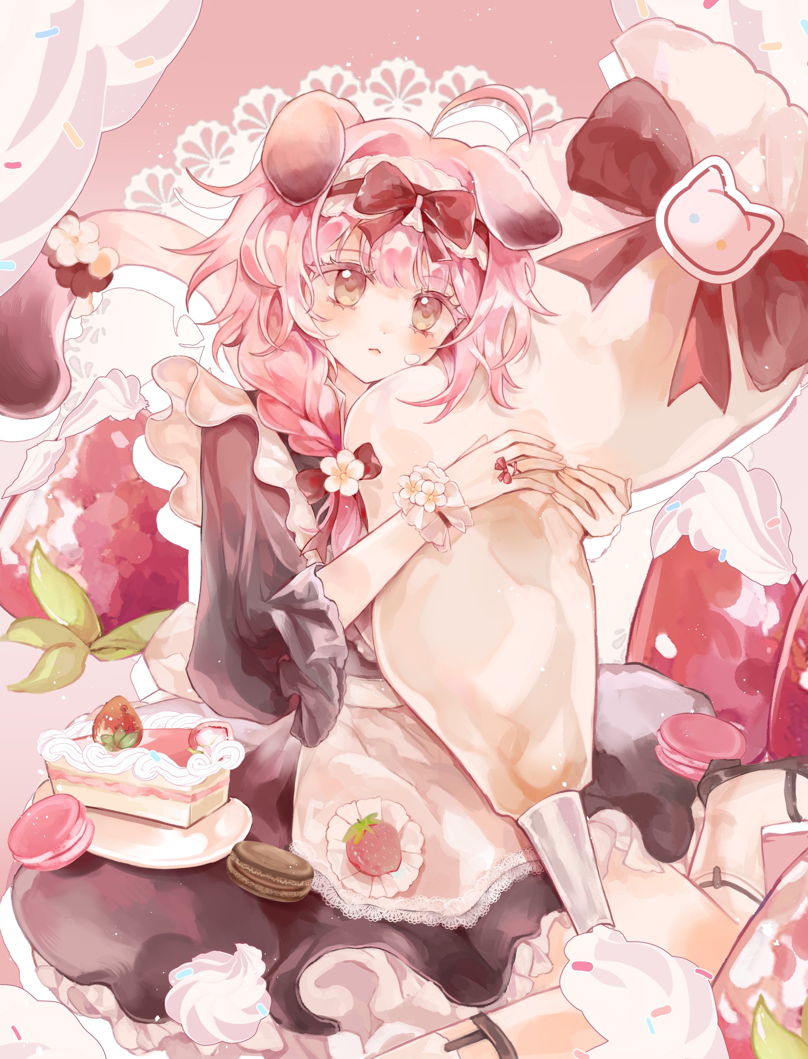 goldenglow (arknights), arknights, absurdres, chinese commentary, highres, 1girl, :<, animal ears, apron, black dress, black shoes, blush, bow, bow hairband, bow ring, braid, cake, cake slice, cat ears, cat girl, cat tail, chashuimeifiom, choppy bangs, colored eyelashes, doily, dress, feet out of frame, floppy ears, flower, food, food-themed ornament, frilled apron, frilled dress, frilled sleeves, frills, fruit, hair bow, hair flower, hair intakes, hair ornament, hair over shoulder, hairband, high heels, holding, holding pastry bag, hugging object, jewelry, lace-trimmed apron, lace trim, leaf, long hair, looking at viewer, low block heels, macaron, maid apron, oversized food, oversized object, pastry bag, pink background, pink hair, plate, puffy sleeves, pumps, red bow, ring, shoes, single braid, sitting, sleeve garter, socks, solo, sprinkles, strawberry, tail, tail ornament, three-quarter sleeves, wariza, whipped cream, white apron, white flower, white socks, white wrist cuffs, wrist cuffs, wrist flower, yellow eyes