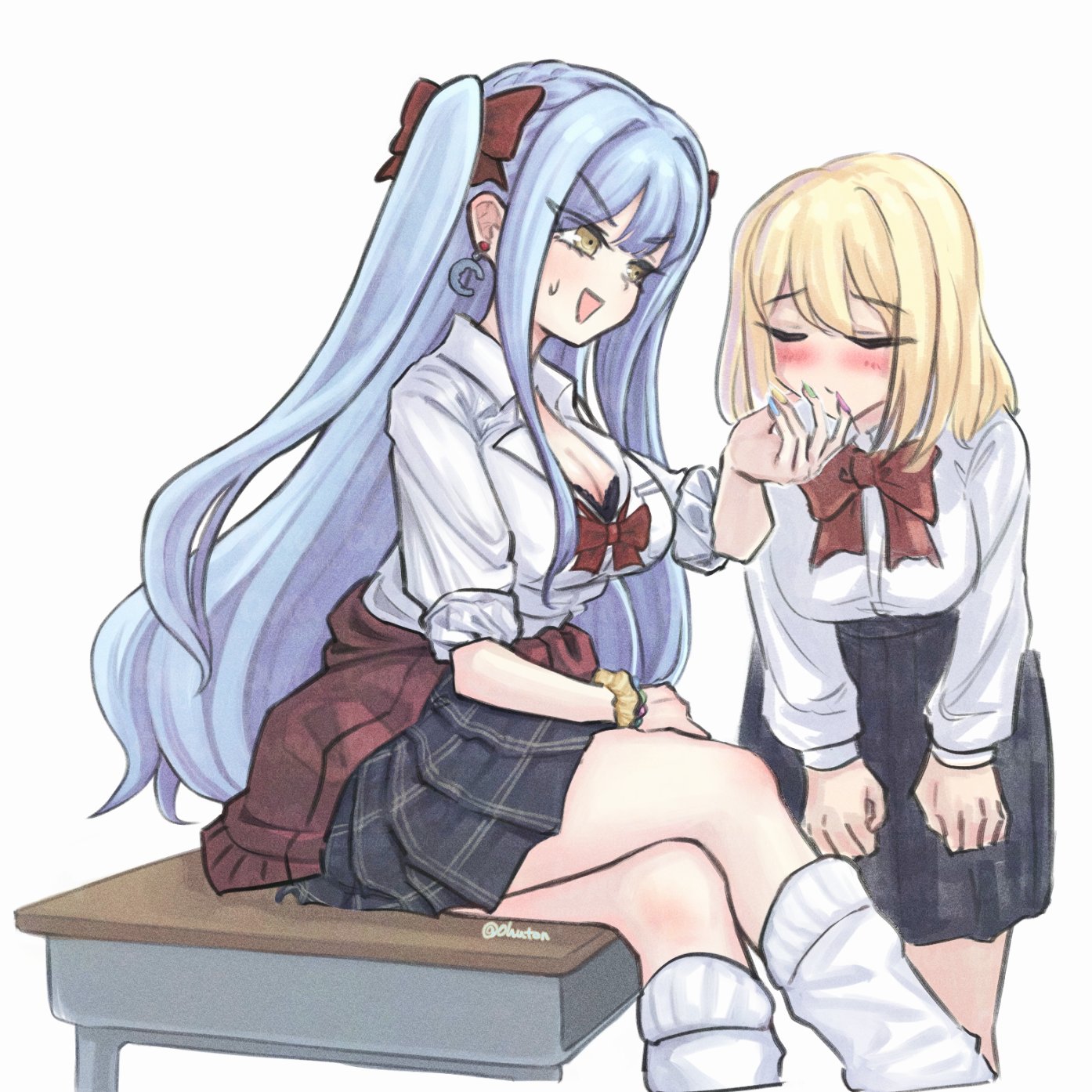 tomare (akashingou), misumi uika, togawa sakiko, bang dream!, bang dream! it's mygo!!!!!, commentary, highres, 2girls, black bra, blonde hair, blue hair, blue nails, blue skirt, blush, bow, bowtie, bra, breast press, breasts, cardigan, cardigan around waist, cleavage, closed eyes, clothes around waist, desk, dress shirt, earrings, green nails, gyaru, hair bow, hand on another's cheek, hand on another's face, hand up, jewelry, large breasts, leg warmers, long hair, multiple girls, nail polish, open mouth, pink nails, plaid clothes, plaid skirt, pleated skirt, red bow, red bowtie, red cardigan, school desk, school uniform, scrunchie, shirt, sidelocks, simple background, sitting, skirt, sleeves rolled up, sweatdrop, two side up, underwear, white background, white leg warmers, white shirt, wrist scrunchie, yellow eyes, yellow nails, yellow scrunchie, yuri
