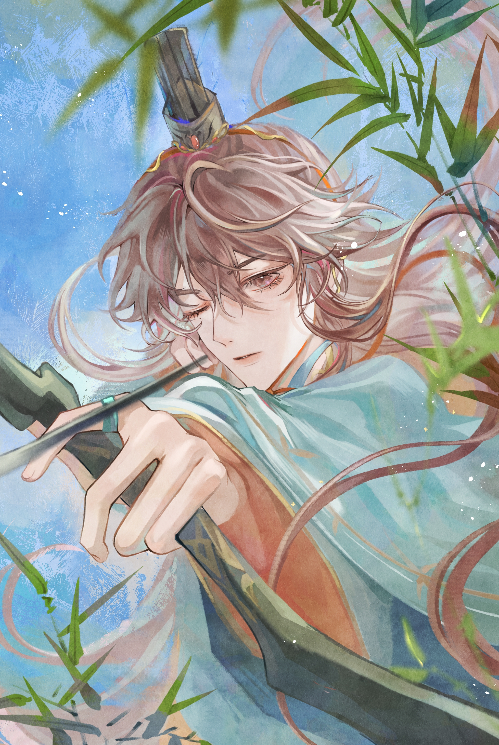 code: kite, absurdres, highres, 1boy, aiming, aqua hanfu, aqua robe, bamboo, bow (weapon), brown eyes, brown hair, chashuimeifiom, chinese clothes, day, drawing bow, hair between eyes, hanfu, holding, holding bow (weapon), holding weapon, jewelry, light particles, lips, long hair, long sleeves, looking ahead, looking at viewer, male focus, mole, mole under eye, one eye closed, outstretched arm, parted lips, ring, robe, solo, upper body, very long hair, weapon, wide sleeves, xiao guan (headdress), yuan ji (code: kite)