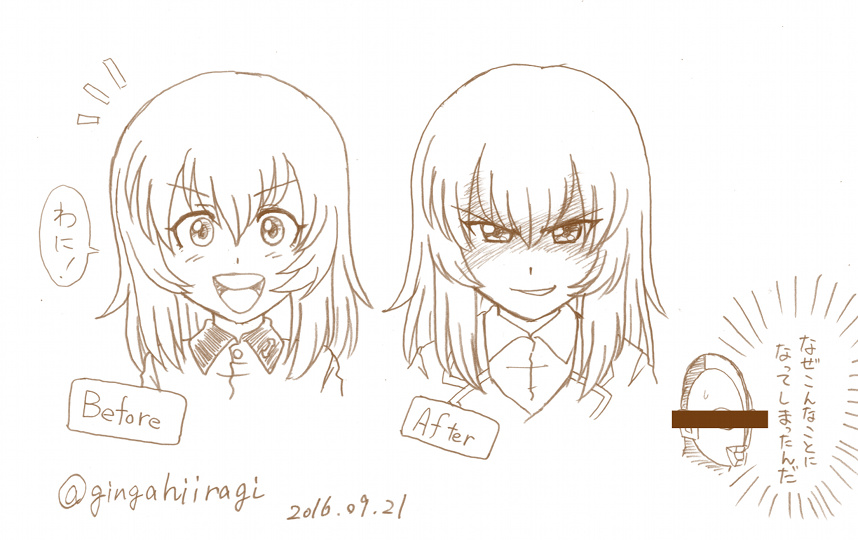 g-hiiragi, itsumi erika, ultraman, girls und panzer, girls und panzer phase erika, 1girl, age progression, before and after, collared shirt, kuromorimine military uniform, kuromorimine school uniform, long hair, medium hair, school uniform, shirt