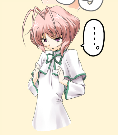 marumi, amatsuka fubuki, baby princess, lowres, 10s, 1girl, antenna hair, breast conscious, breasts, female focus, flat chest, pink hair, purple eyes, ribbon, school uniform, short hair, solo