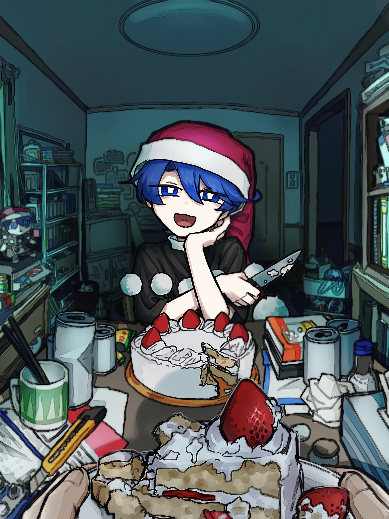 doremy sweet, touhou, commentary request, highres, 1girl, 1other, aonorikani3ba, black capelet, blue eyes, blue hair, boxcutter, bright pupils, cake, cake slice, can, capelet, drink can, food, fruit, fumo (doll), hat, head rest, holding, holding knife, indoors, knife, looking at viewer, messy room, open mouth, pom pom (clothes), smile, strawberry, table, television, white pupils