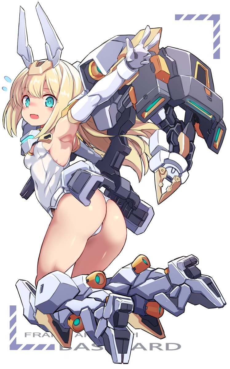 karukan (monjya), baselard, frame arms girl, commentary request, highres, 1girl, armpits, ass, blonde hair, blue eyes, breasts, character name, covered navel, elbow gloves, flying sweatdrops, full body, gloves, headgear, leotard, long hair, looking at viewer, mecha musume, mechanical legs, open mouth, outstretched arm, small breasts, solo, strapless, strapless leotard, w, white gloves, white leotard, white wrist cuffs, wrist cuffs