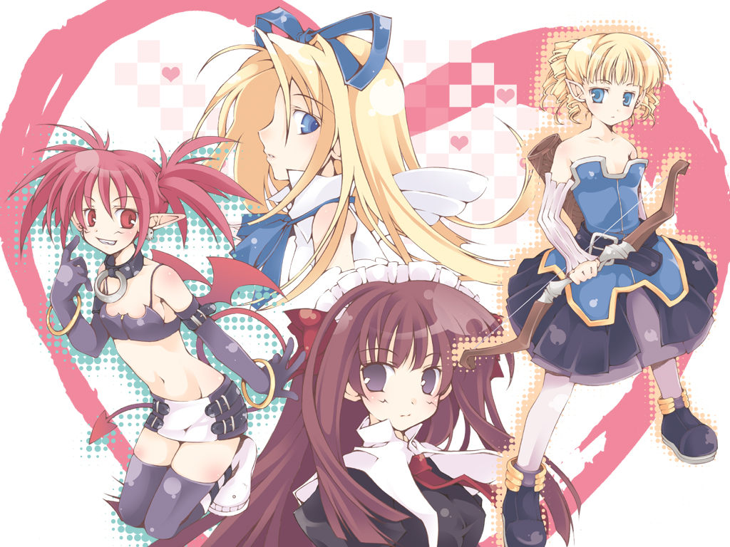 sana.c, archer (disgaea), etna (disgaea), flonne, mage (disgaea), disgaea, nippon ichi, bad id, bad pixiv id, 4girls, bat wings, blonde hair, bow (weapon), bracelet, demon girl, detached sleeves, earrings, elbow gloves, flat chest, gloves, jewelry, kneeling, long hair, miniskirt, multiple girls, navel, pointy ears, red hair, skirt, tail, thighhighs, weapon, wings