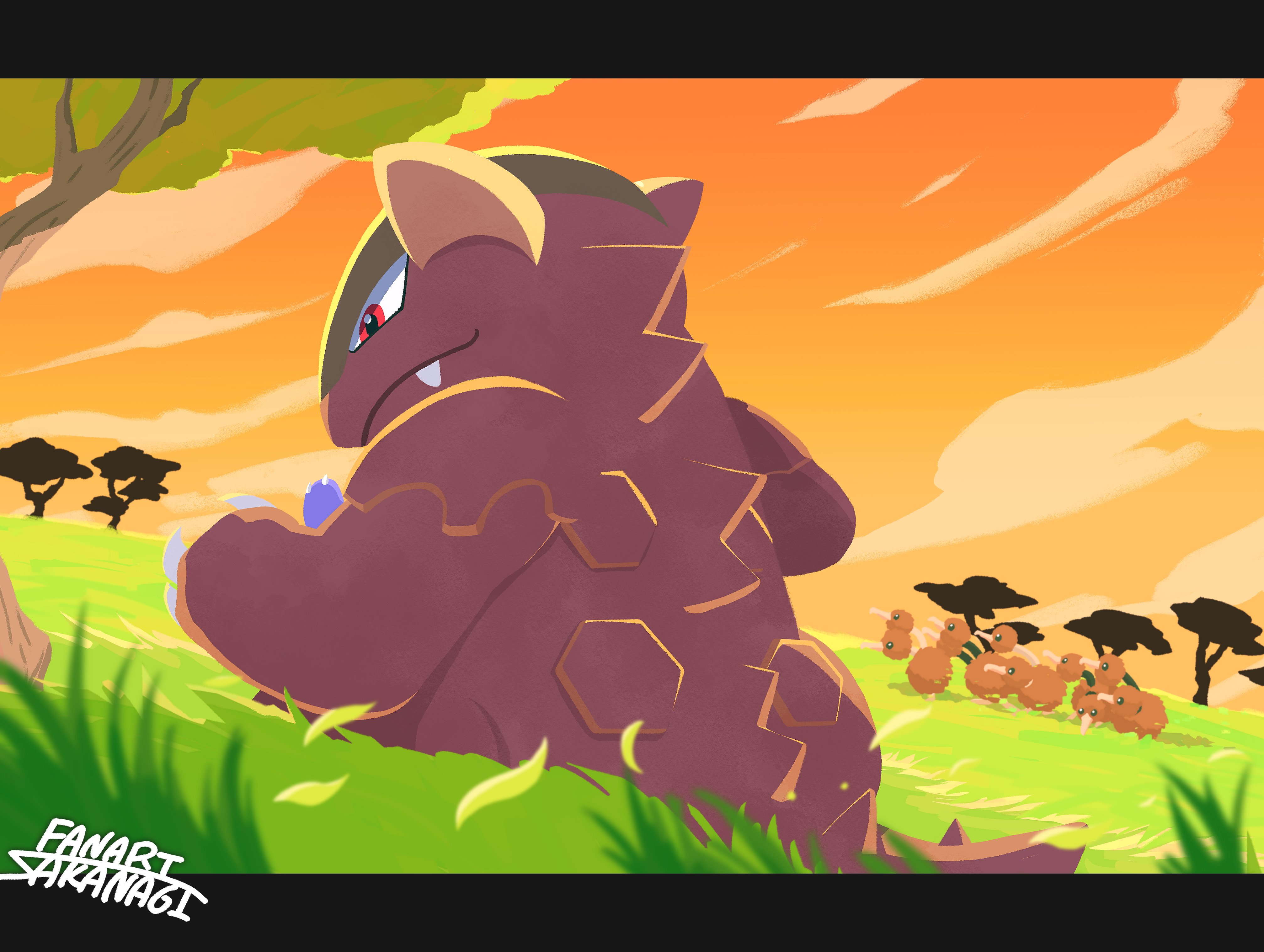 sakanagi (a r co), doduo, kangaskhan, nintendo, pokemon, absurdres, highres, animal focus, beak, bird, claws, closed mouth, fang, gen 1 pokemon, grass, horns, multiple heads, no humans, orange sky, outdoors, pokemon (creature), pokemon focus, red eyes, safari zone, sky, smile, tail, tree
