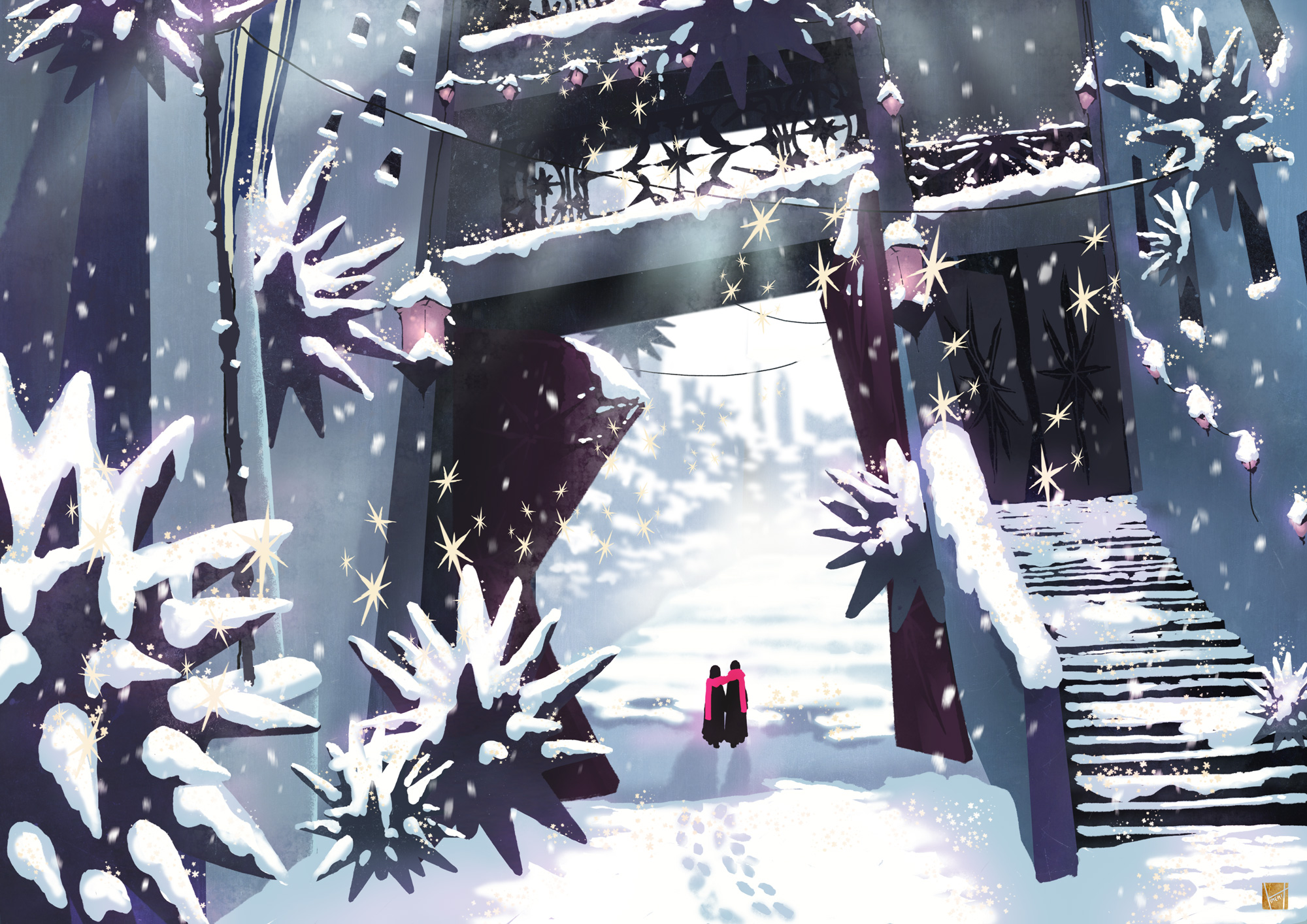 sakamoto himemi, bad id, bad pixiv id, highres, tagme, scarf, shared clothes, shared scarf, snow, snowing