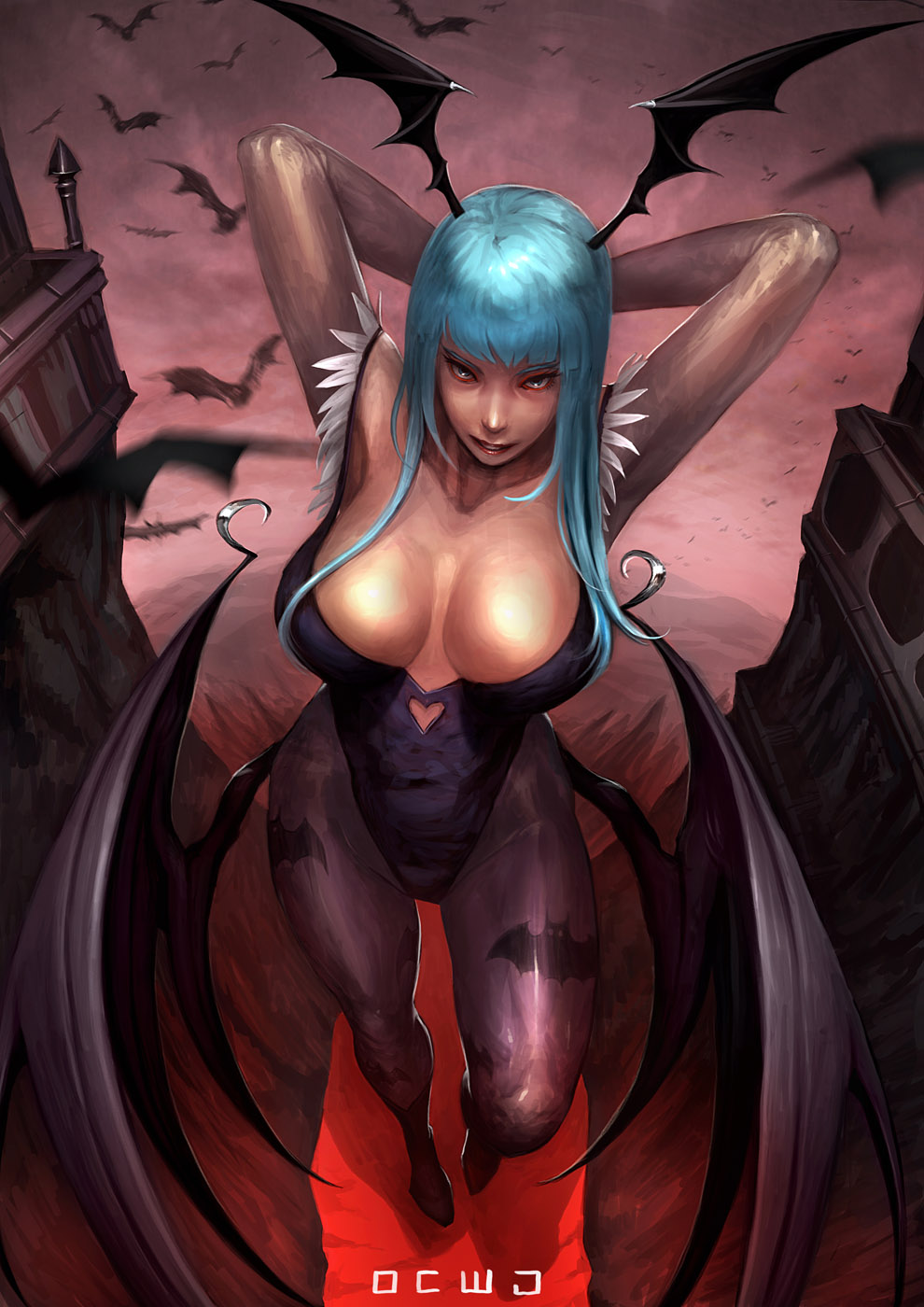 dcwj, morrigan aensland, capcom, darkstalkers, highres, 1girl, animal print, aqua hair, arms behind head, bat (animal), bat print, blue eyes, breasts, cleavage, demon girl, female focus, head wings, large breasts, pantyhose, print pantyhose, solo, wings