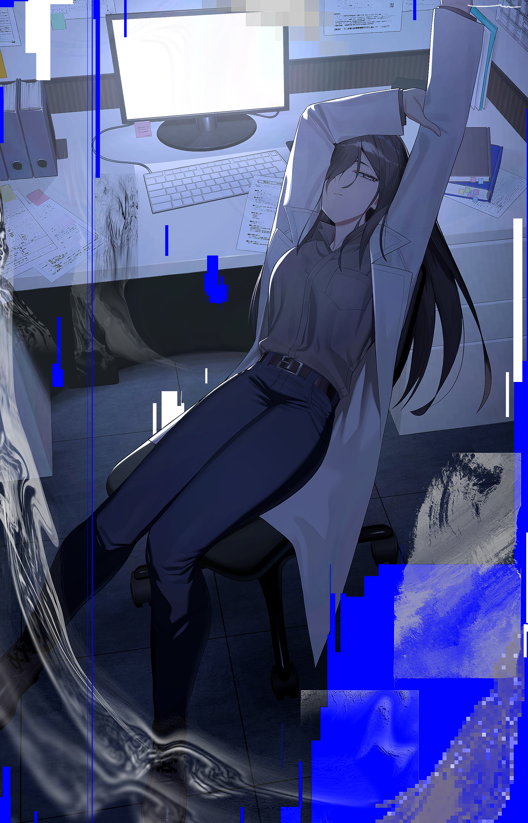 signal 1120, original, absurdres, commentary, commission, english commentary, highres, skeb commission, 1girl, book, chair, coat, computer, computer keyboard, cubicle, long hair, monitor, paper, sitting, solo, stretching, swivel chair, white coat