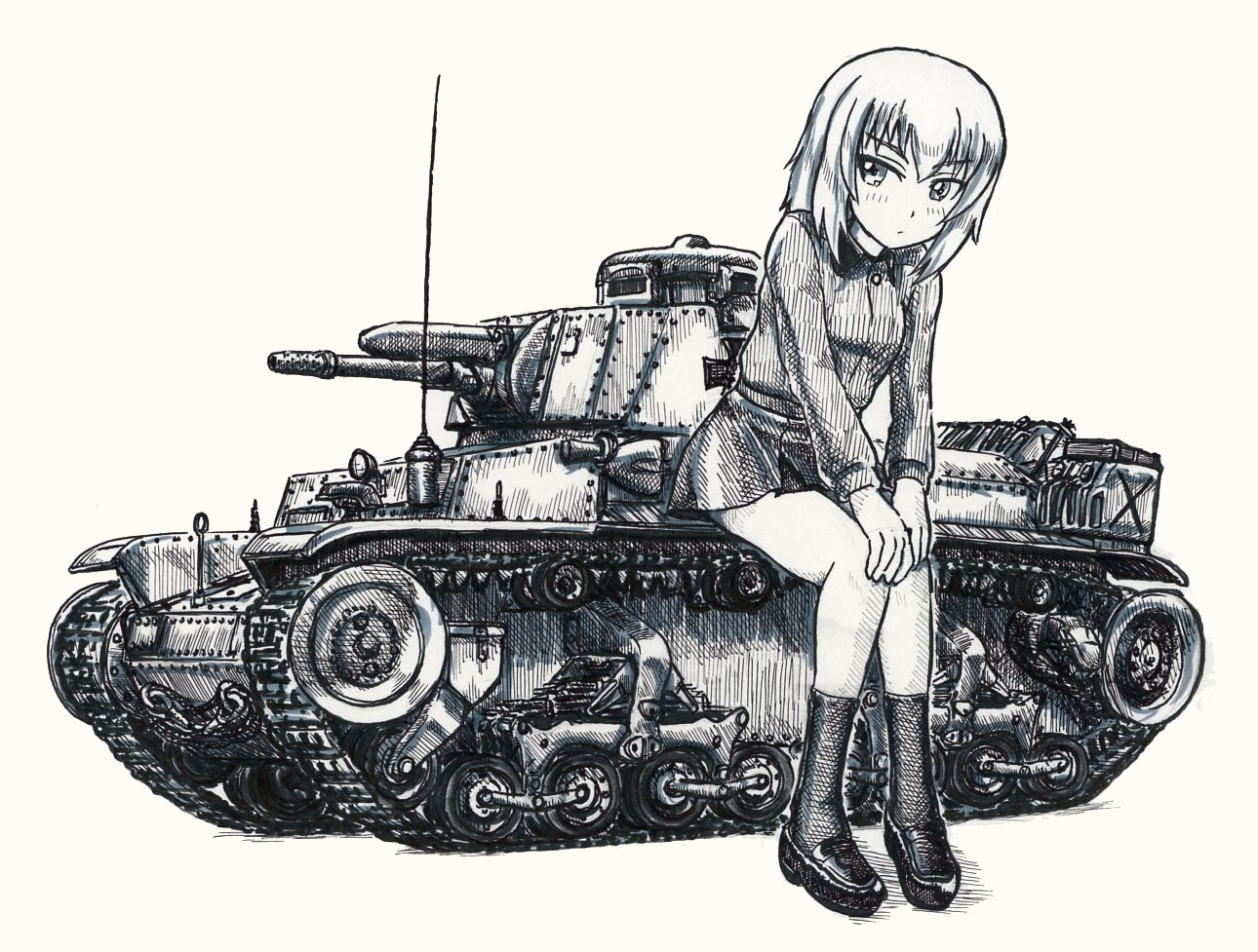 nspa (spa-jcs), itsumi erika, girls und panzer, girls und panzer phase erika, graphite (medium), traditional media, 1girl, closed eyes, collared shirt, hands on own knees, kuromorimine school uniform, medium hair, military vehicle, miniskirt, motor vehicle, panzer 35(t), pleated skirt, school uniform, shirt, sitting, skirt, tank
