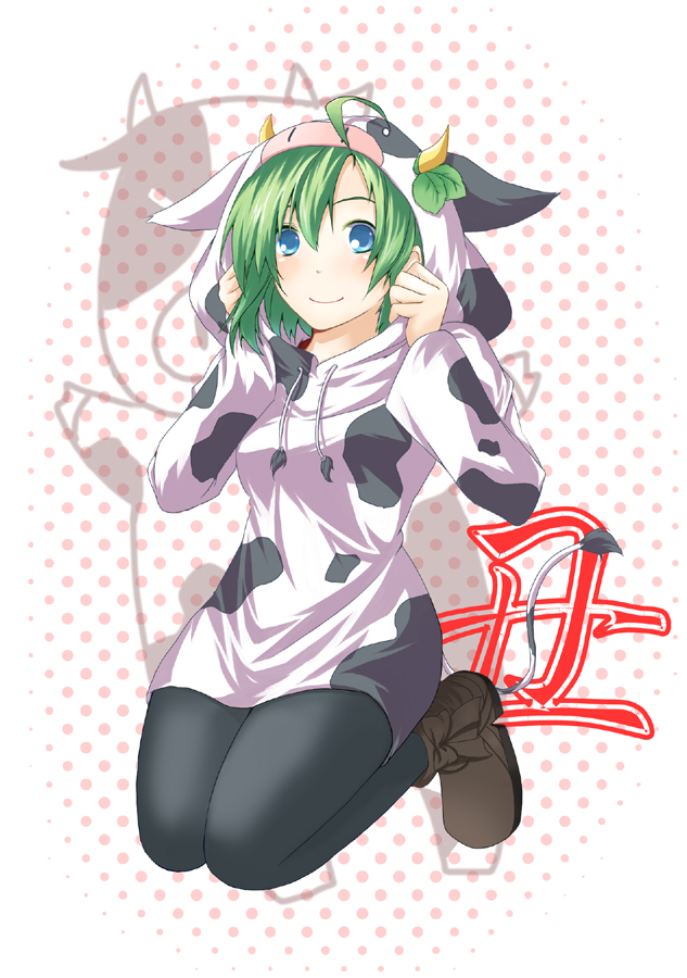 kinsenka, original, 1girl, animal print, blue eyes, costume, cow print, female focus, green hair, new year, pantyhose, solo