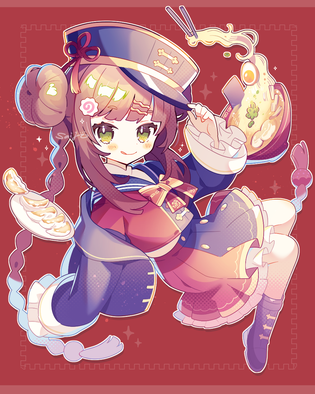 saijo1201, original, commentary request, highres, 1girl, :q, blue sailor collar, blue skirt, blush, boots, bow, bowl, bowtie, braid, brown hair, chopsticks, closed mouth, egg (food), food, frilled skirt, frilled sleeves, frills, full body, green eyes, hair bun, hand on headwear, hand up, hat, jacket, long hair, long sleeves, looking at viewer, noodles, open clothes, open jacket, pleated skirt, purple boots, purple hat, purple jacket, ramen, red background, red shirt, red skirt, sailor collar, shirt, skirt, smile, solo, tongue, tongue out, two-tone skirt, yellow bow, yellow bowtie