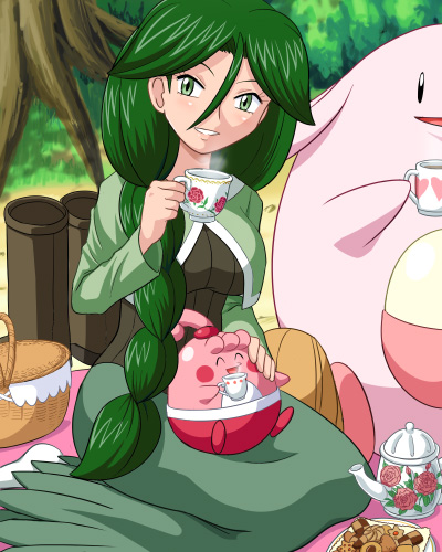 pokemoa, chansey, cheryl (pokemon), happiny, nintendo, pokemon, lowres, 1girl, basket, breasts, checkerboard cookie, cookie, cup, flower, food, gen 1 pokemon, gen 4 pokemon, green eyes, green hair, hair over shoulder, medium breasts, nature, outdoors, parted lips, picnic, pokemon (creature), sitting, tea, teacup, teapot, thumbprint cookie