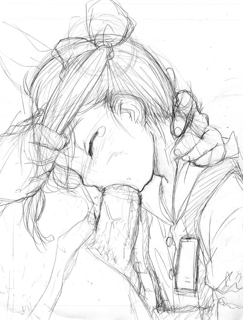 massiro, hand on head, deepthroat, fellatio, forced, grabbing another's hair, hair ribbon, holding another's hair, irrumatio, loli, monochrome, oral, penis, rape, ribbon, sketch, tears, twintails