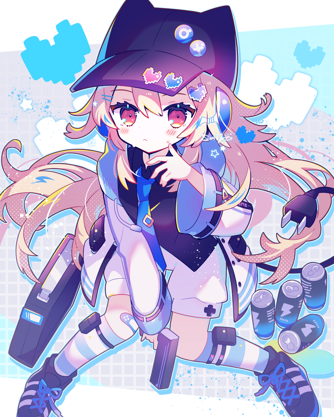 saijo1201, original, commentary request, highres, 1girl, bandaid, bandaid on knee, bandaid on leg, baseball cap, black hat, black shirt, black shoes, blue socks, blush, can, electric plug, frown, full body, hair between eyes, hand up, hat, heart, holding, holding toy, kneehighs, lightning bolt symbol, long hair, long sleeves, necktie, pink hair, shin strap, shirt, shoes, shorts, sitting, sneakers, socks, solo, striped clothes, striped socks, suitcase, sweat, thighhighs, toy, toy gun, two-tone legwear, white shorts, white socks
